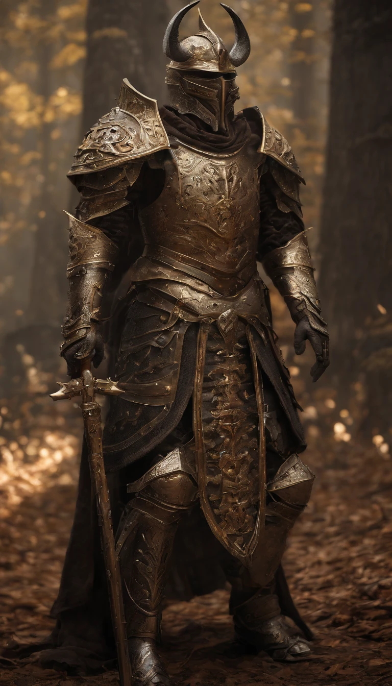 warrior, concept-art, Fantasy art, battleground background, clean render, a horned, Wear a suit of armor, Detailed bushido form smoke, helmet of a forgotten deity, character is standing, 8k Realistic, in game render, detailed face background detail, Art station front page, taur, Pseudo-medieval fantasy, Skeleton in koi armor, detailed bronze armor, Bronze armor, golden etched armor, gold obsidian armor, Light gold armor, Gorgeous filigree armor, skeleton warrior, Gorgeous armor full of thorns, Intricate assasin armor, Intricate metal armor, powerful warrior, Dressed in gorgeous gold armor,Decorated with intricate patterns, The helmet has a large crown and two horns,Glowing red eyes, Everything is in the dark, The smoky background alludes to battle scenes, Add an ominous aura to his character,submission, Full body shot.