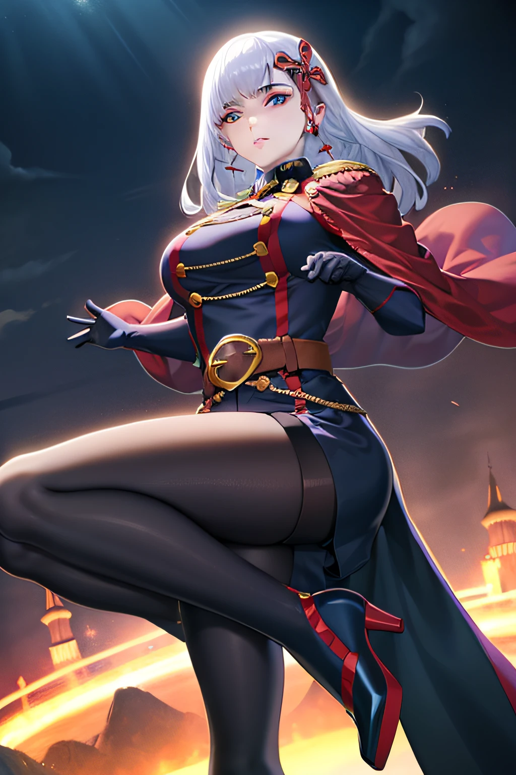 best quality,masterpiece,Master piece,extremely detailed CG unity 8k,cinemic lighting, yamashiro768, 1girl, solo, White hair, gloves, cape, long hair, white gloves, breasts, black pantyhose, belt, red cape, boots, blue footwear, full body, large breasts, hair ornament, looking at viewer, bangs, long sleeves, purple footwear, high heels , expressive eyes , heterochromia , Night city , Stand proudly