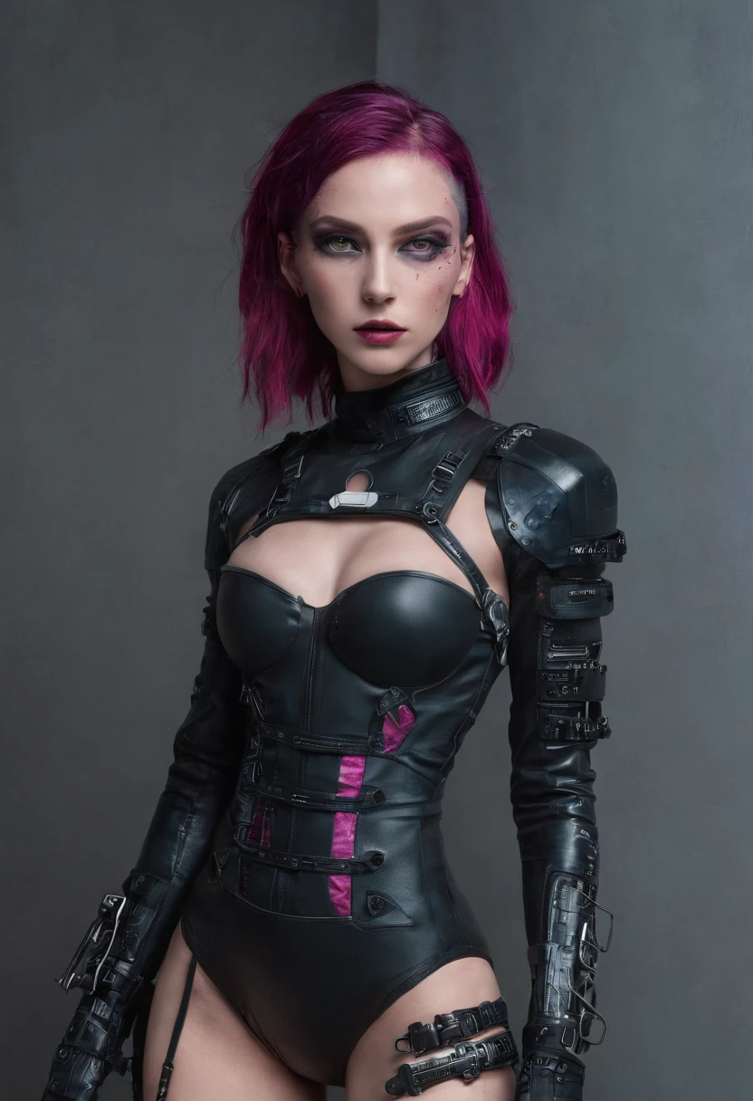Cyberpunk woman posing for a photoshoot, bizarre fashion, sexy outfit, punk fashion, leotard, bodysuit, cyberpunk style.