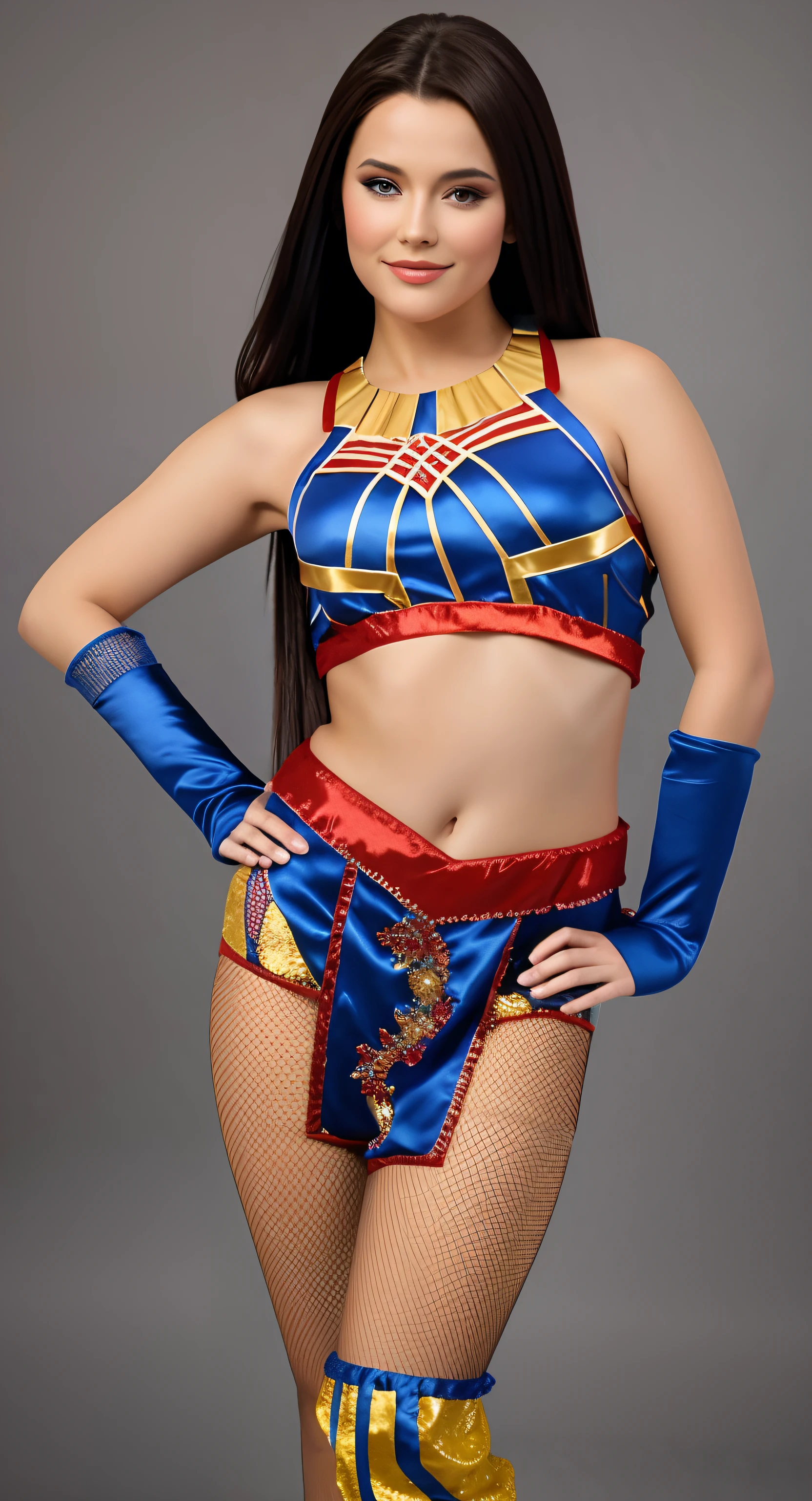 Une femme brune au cheveux long en costume bleu et rouge posant pour une photo, Costume aux accents bleus, hyper detailed, detailed body, tenue de catch, High quality costume,