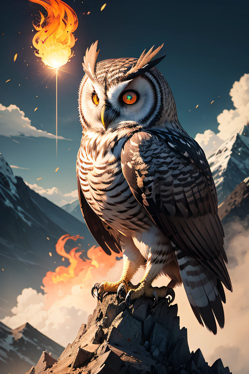/imagine prompt: An owl with black feathers with fiery eyes stands on a mountain, School emblem
