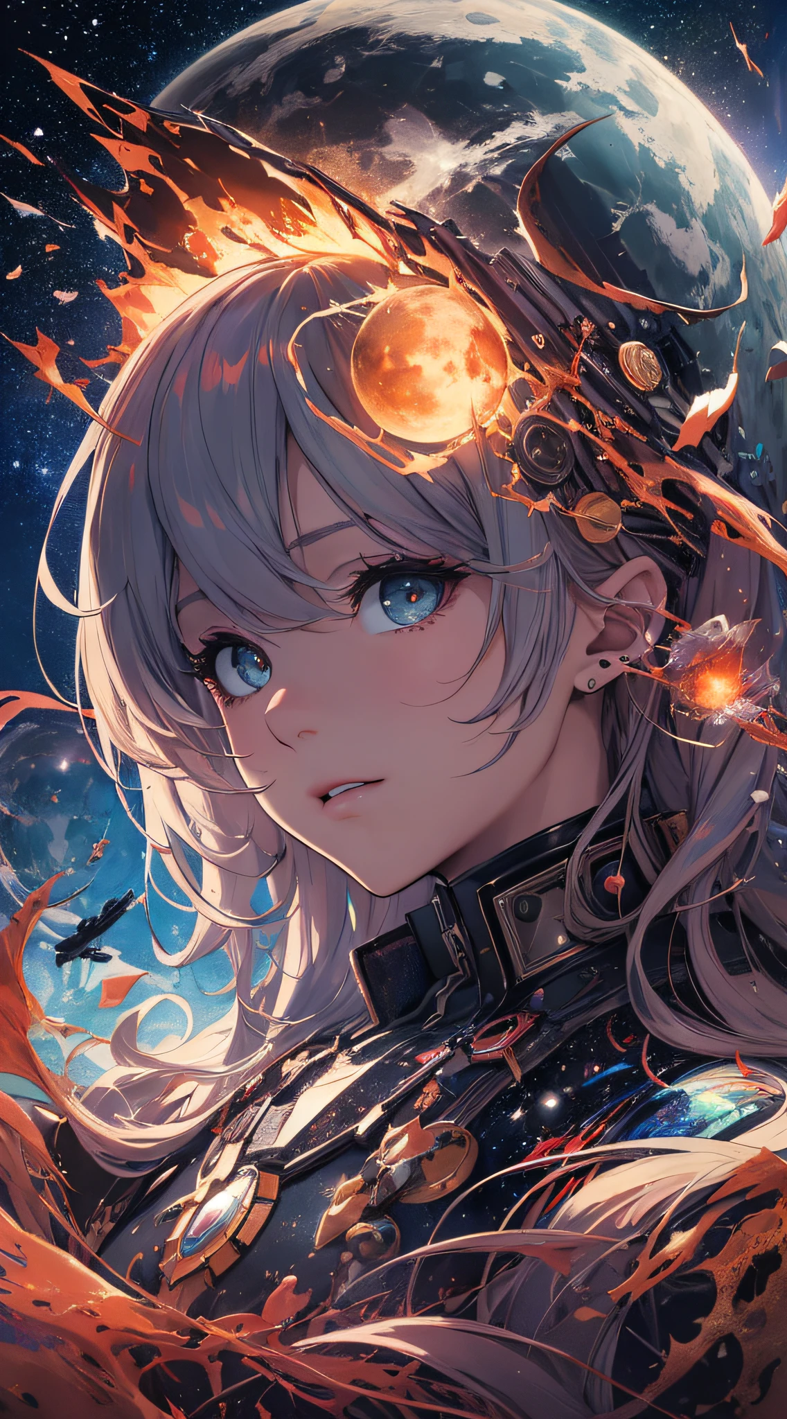 top-quality、Top image quality、masterpiece、masutepiece、Elaborate design、visualart、high contract、The best lighting、highestdetailed、Beautiful universe、Broken Earth、spaceships、black hole、Beautiful outer space、Distorted Moon、Exploding sun、Flowing stars々、tornado、Evil creatures、Blue flash、Red flash