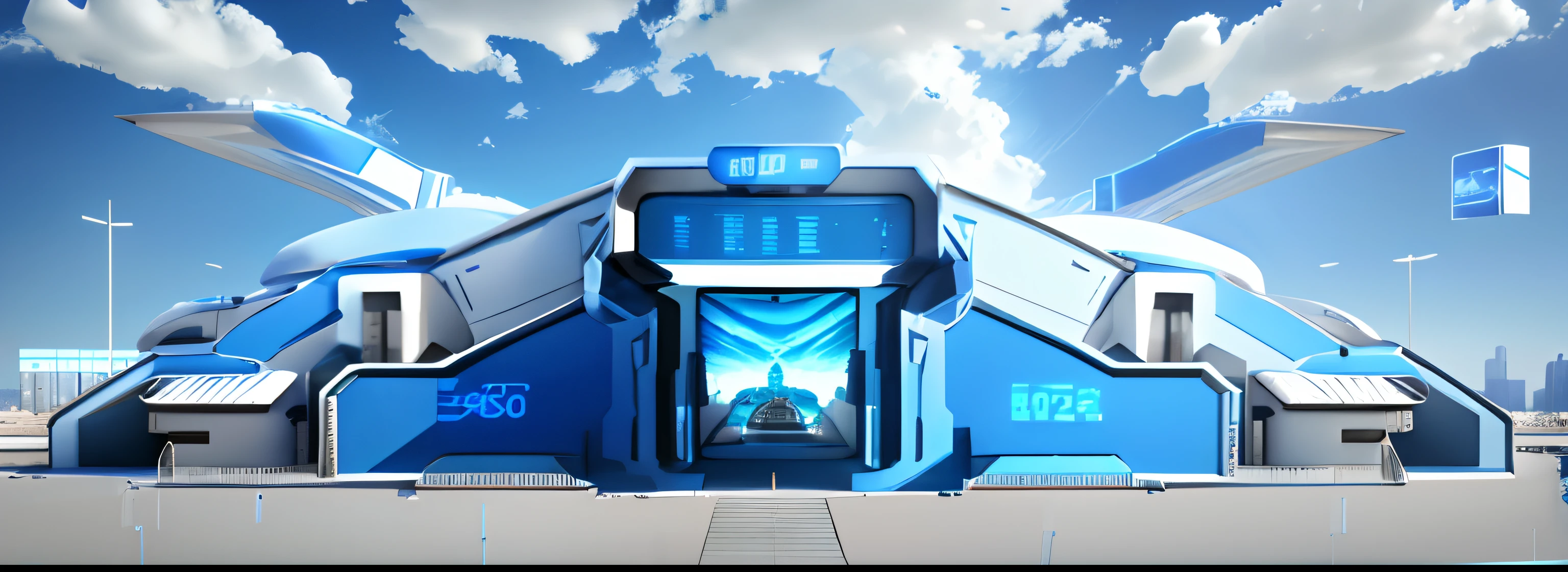 Large blue and white display, Bold experimental style, Blue, City signs, realistic blue skies, Futuristic technology, Minimalism, 8K 3D style, Blue and white, Harco, Industrial and product design, Hiking core, 32k ULTRAHD, New objectivity
