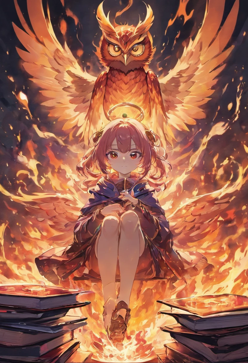 (best quality,highres),glass owl sitting on fiery books,white background,intense gaze,logo