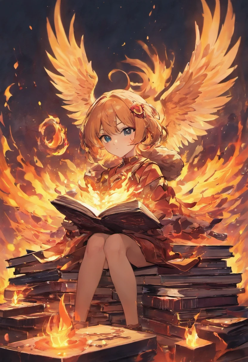 (best quality,highres),glass owl sitting on fiery books,white background,intense gaze,logo