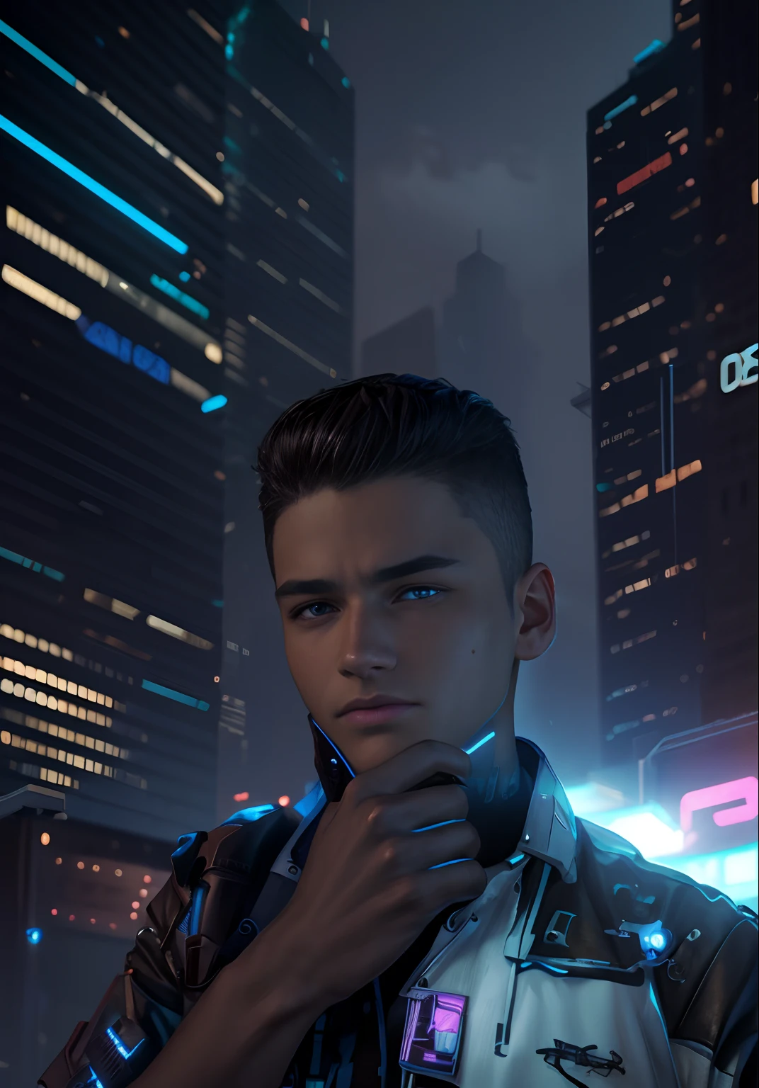 Change the background with another background of a cyberpunk city in night sky with complex details of buildings billboards and people, make it like an avatar of  boy, try that the face will look real and similar to the given image so that anyone can recognise, change the outfit in the given image to another realistic outfit, change the colour of face to a brownish