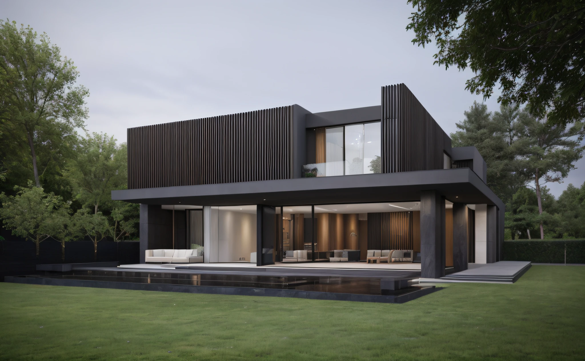 RAW photo,Masterpiece, high quality, best quality, authentic, super detail, exterior, railing glass the style of dark gray and bronze,bold black outlines, clean lin,modernism, house style modern on the garden with glass windows, (a road in front of the villa), 2nd floor wooden louvers, (light light), reflective glass, white wall, tree, garden,( realistic :1.2), summer beautiful sky, shrubs