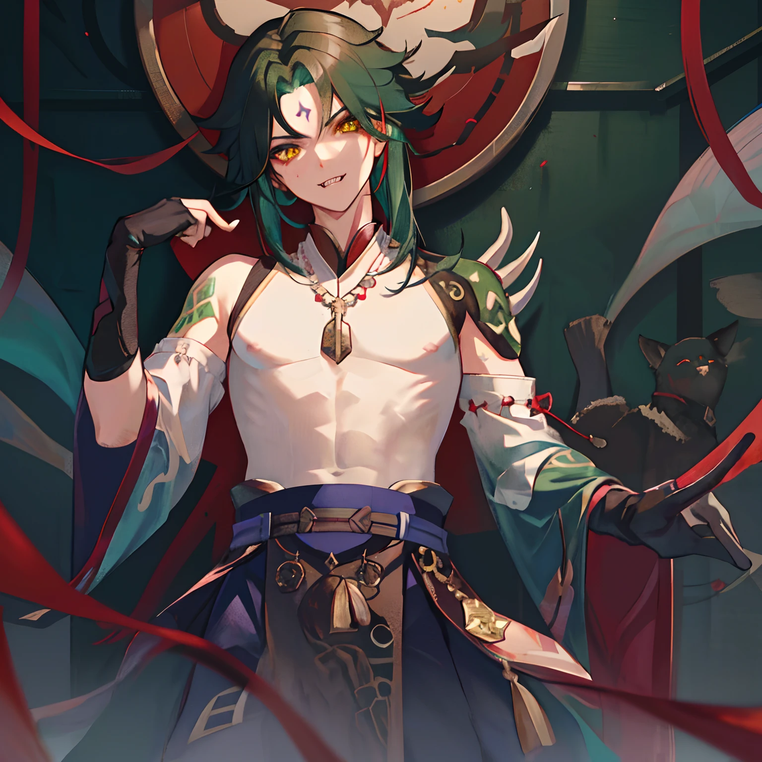 1boy,dark green hair,best quality,masterpiece,extremley,yellow eyes,male focus,beautiful eyes,Xiao (genshin impact), 1 boy, bones necklace, animal fangs necklace, arm tatoo, dark red hair, Chinese clothes, green eyes, male focus, red mark on forehead, no shirt, a red string runs from the shoulder to the chest,look at you with half an eye, smirked, put his hand to his mouth to signal silence, glove, stare at you, looking straight, make ''be quiet" signal, cover mouth by finger, looking at you, inside, red rope cover nipples, red rope cross breast