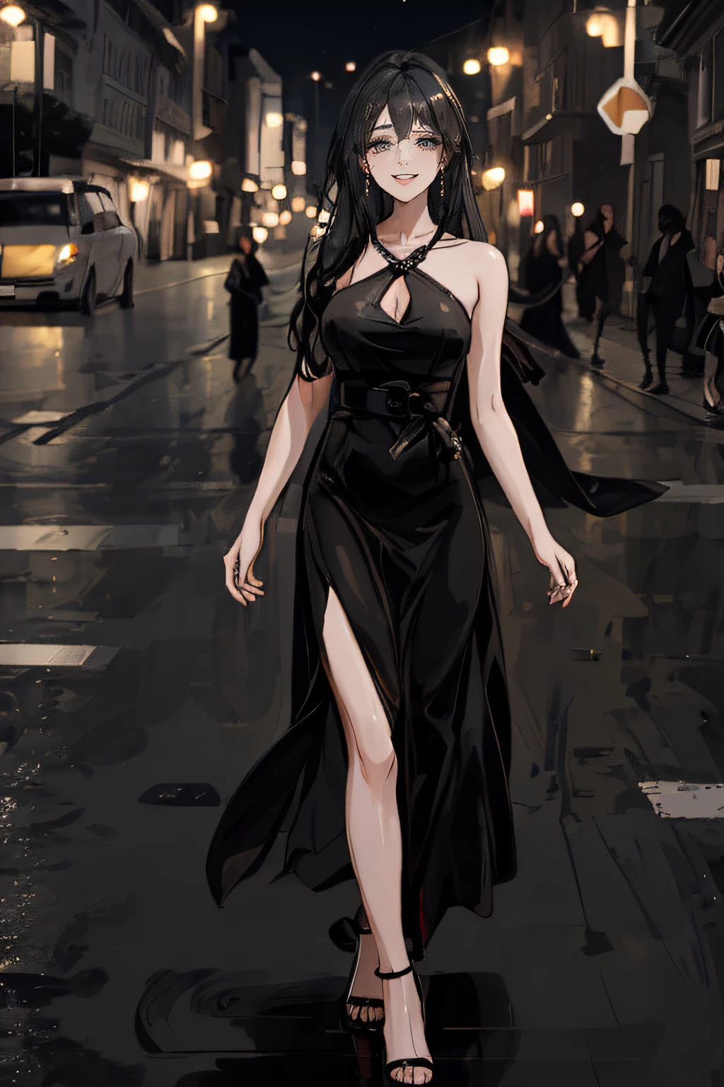 ((Best quality, 8k, Masterpiece :1.3)), 1girl, smiling, full body, slim face, Pretty woman, (Dark brown hair), full length dress :1.1, Ultra-detailed face, Detailed eyes, Double eyelid, blur background, slim face, city, outside, street,