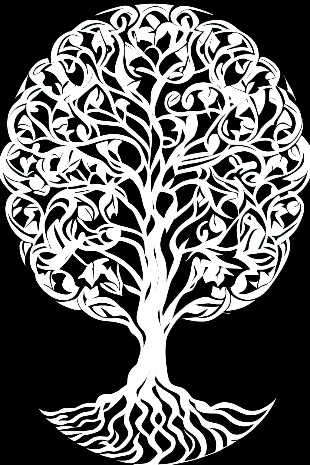 a black and white tree of life with swirly branches in a circle, tree of life seed of doubt, tree of life, the tree of life, vector art for cnc plasma, the world tree, world tree, cosmic tree of life, living tree, yggdrasil, logo without text, collective civilization tree, tree of life brains, central tree, with brain shape