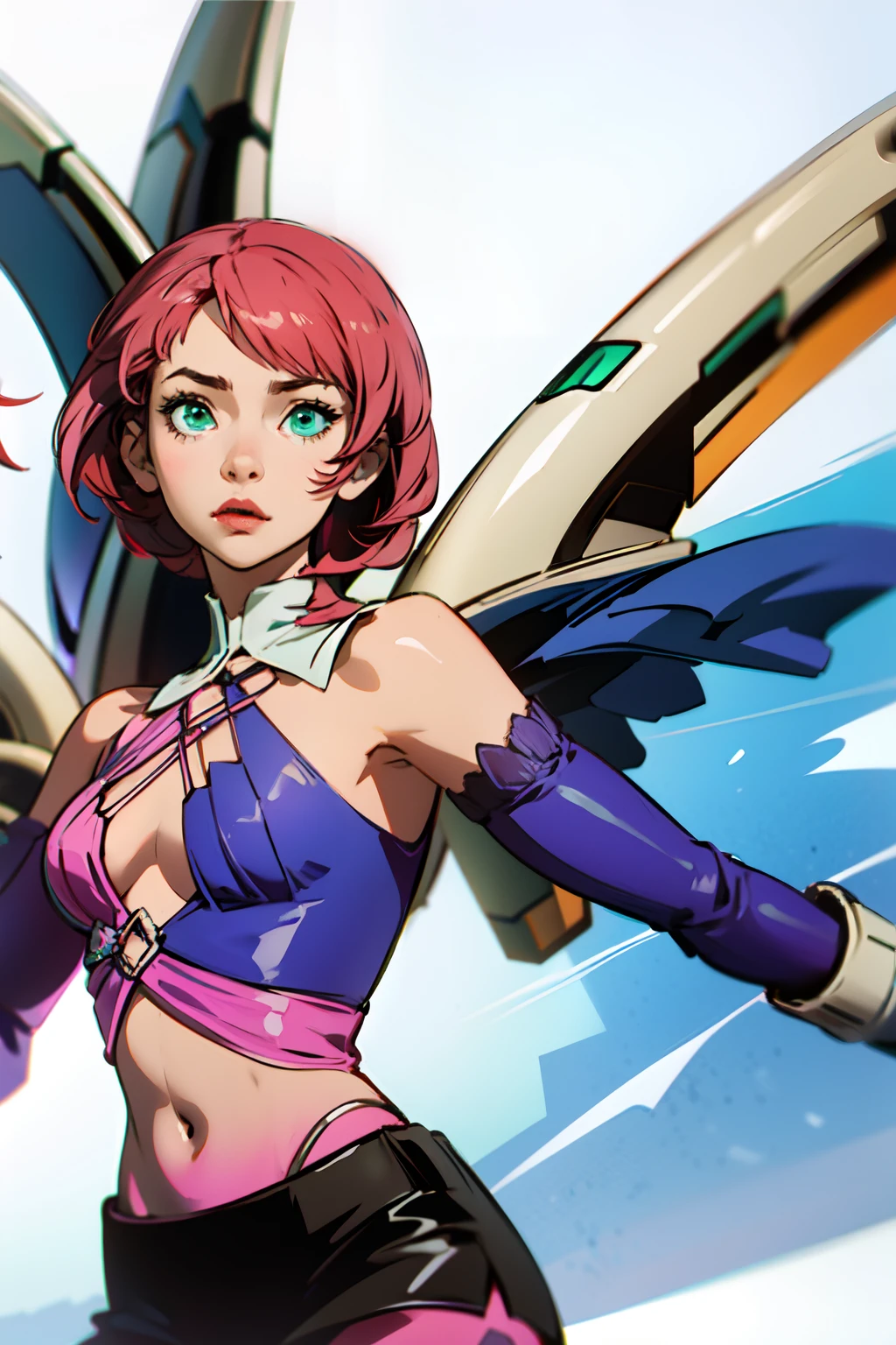Alisa Rosto bonito, olhando para o espectador, Symmetrical perfect green eyes, cabelo curto rosa multicor, mechanical wings, fundo desfocado, parte superior do corpo, contemporary, vestir, Tekken