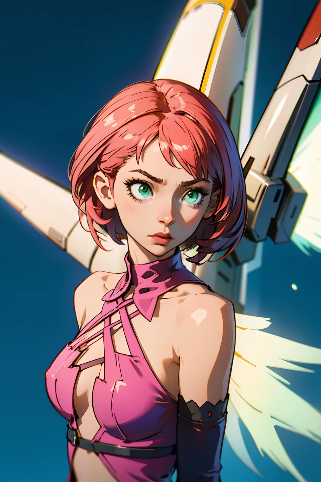 Alisa Rosto bonito, olhando para o espectador, Symmetrical perfect green eyes, cabelo curto rosa multicor, mechanical wings, fundo desfocado, parte superior do corpo, contemporary, vestir, Tekken