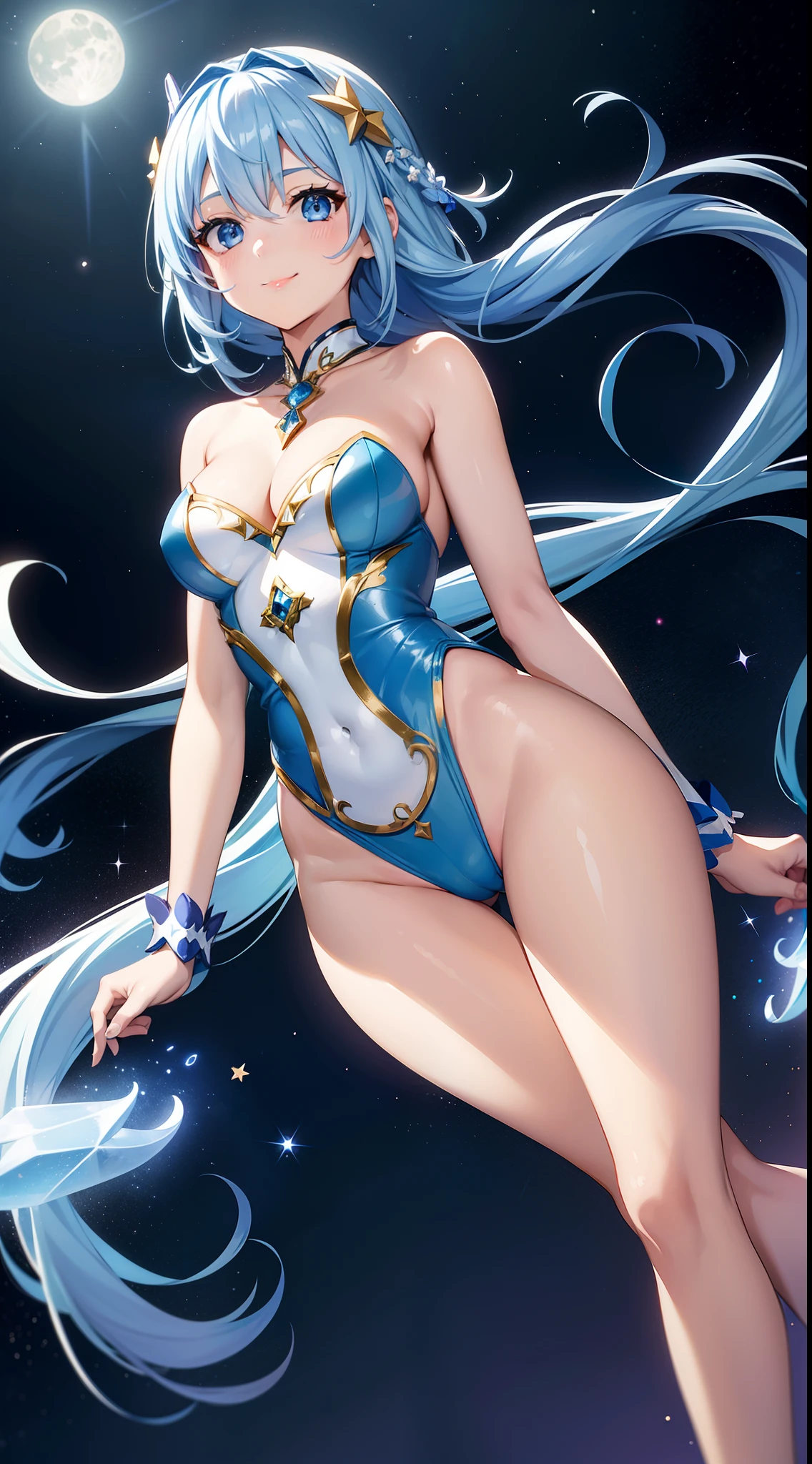 Super Idol　a beauty girl　A charming smile　sky blue hair　length hair　Facing straight ahead　Twin-tailed　Glittering white leotard costume　Mystical　Fantasia　constellation　a moon　Crystal Brilliance　Aurora Borealis in the Night Sky