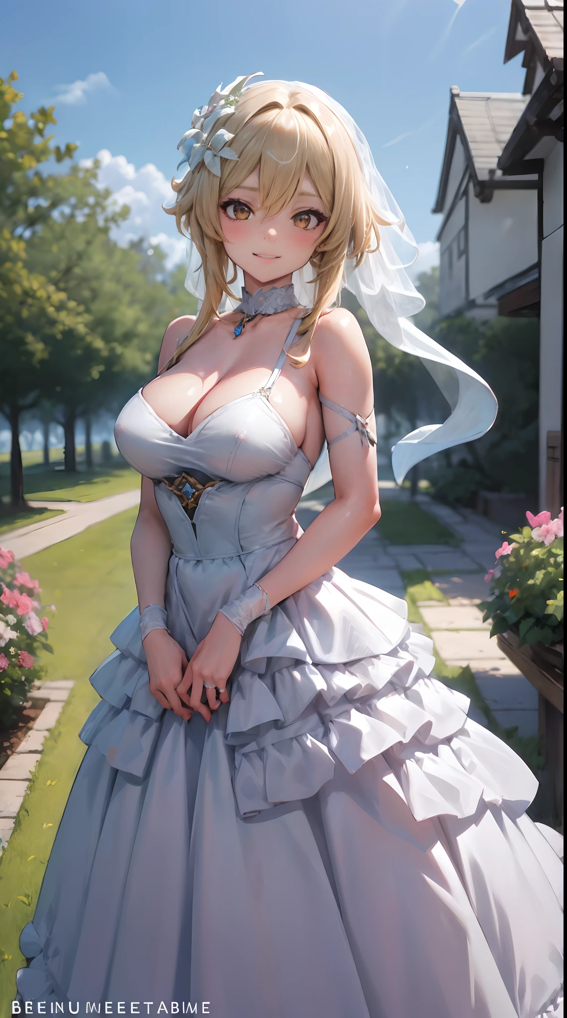 Lumine | genshin impact, master-piece, bestquality, 1girls,25 years old, proportional body, proportional., Wedding Dresses, White Wedding Dress, Long skirt, wedding, mediuml breasts, ,bara, choker, Standing in the middle of a flower garden, outdoor, wedding, The sky is beautiful, arm behind back, View viewers from the front., Thigh strap, Head tilt, bored, 10, 10, HD, slight smile,