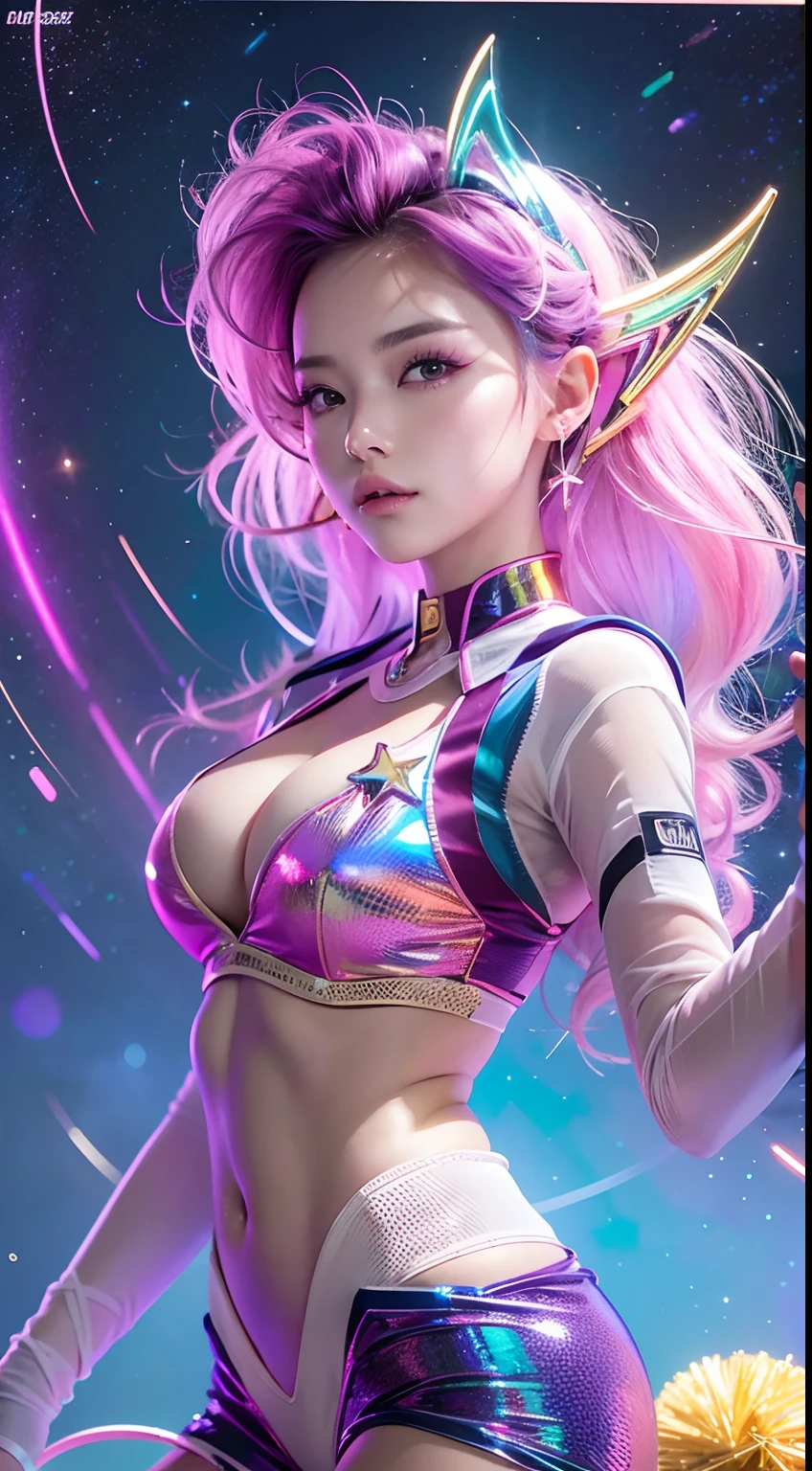((masutepiece)), Best Quality, absurderes, ultra-detailliert, 8K, Dynamic Pose, super complex details, Intricate details, Holographic, Cowboy Shot, Golden ratio, Super cute girl, Neon aura, delicate and beautiful face, Space Cheerleader, Mature girl, Super beautiful asian girl with super beautiful glowing eyes, Super beautiful shiny multicolored hair, Nice and  body, Slim body, Perfect body, Wearing super  space cheerleader costume, With neon pom pom, At the center of the galaxy