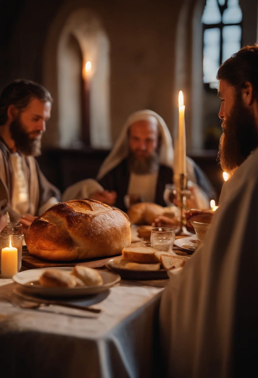 Similar Images of the Lord Jesus Christ, Dine with the apostles at St. Say,、(((evening)))、Crack bread in high resolution in 8K