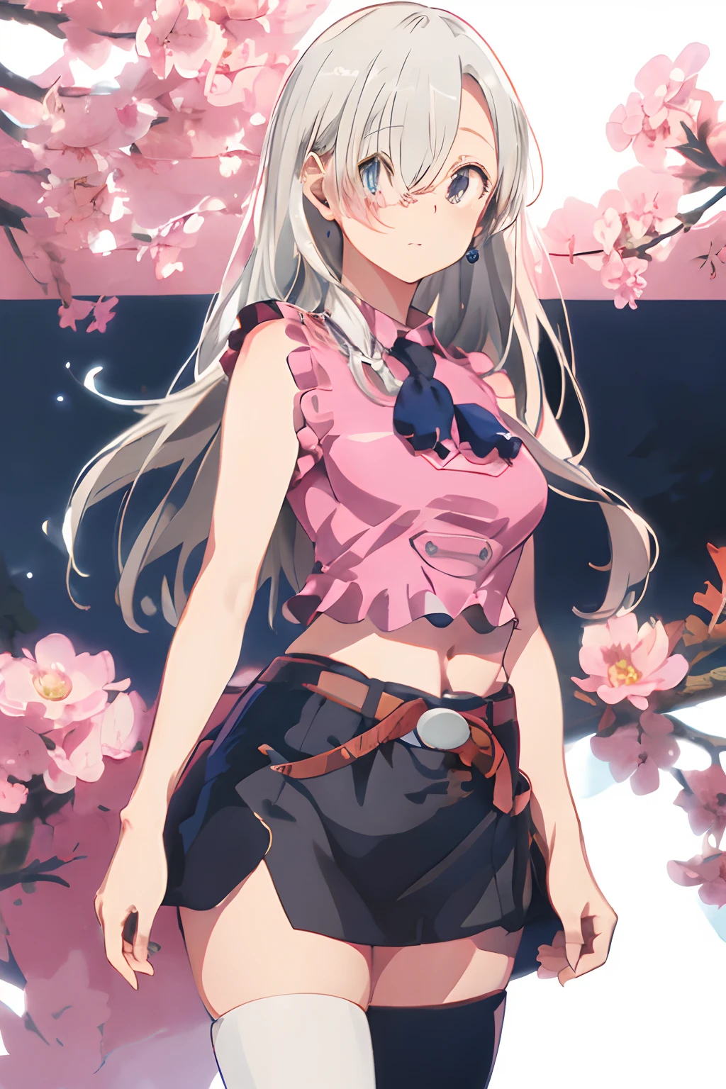 masutepiece, Best Quality, hight resolution, Khmeliza, 1girl in, Jewelry, single thighhigh, Hair over one eye, white hair,Midriff, Black skirt, Asymmetrical legwear, PINK SHIRT, black thighhighs, Belt bag, Miniskirt, Standing, Cowboy Shot,Colossal tits,