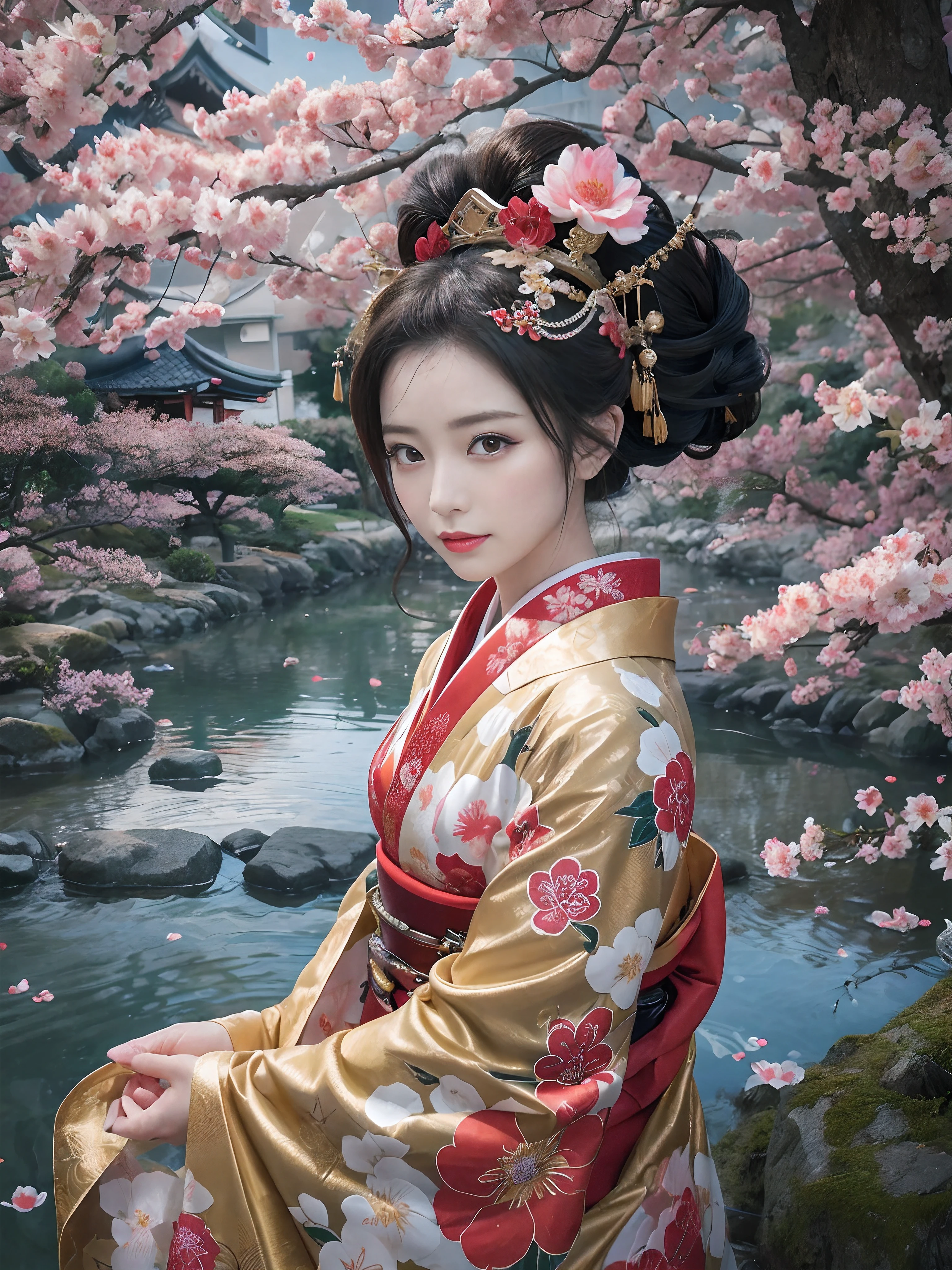 In a futuristic scene, Geisha in Japan with mechanical reinforcement、Elegant in elaborate gardens. She has beautifully detailed eyes and lips that complement her face. Geishas wear traditional kimonos with intricate patterns and designs. Around her are bright cherry trees and a quiet carp pond. The scene is painted with a blend of illustration and photorealism, Ultra-detailed brush strokes and clarity, Vivid colors. Lighting emphasizes the elegant features of the geisha, Gives her porcelain skin a soft glow. Artwork is of the highest quality, 4K or 8K resolution, Showcase the intricate details of geisha attire, cherry trees, And the shimmering scales of carp. The overall color scheme is、It is a combination of traditional shades of Japan, Crimson, etc., blacks, and subtle gold accents, With a futuristic twist. The fusion of ancient traditions and modern technology is、Create captivating and visually striking masterpieces.shoulders are exposed, Chest is visible、You can see the valley、are visible、Shoulders exposed、Chest revealed、(shoulders are exposed), Chest is visible、You can see the valley、are visible、Shoulders exposed、Chest revealed、(Off-shoulder style)