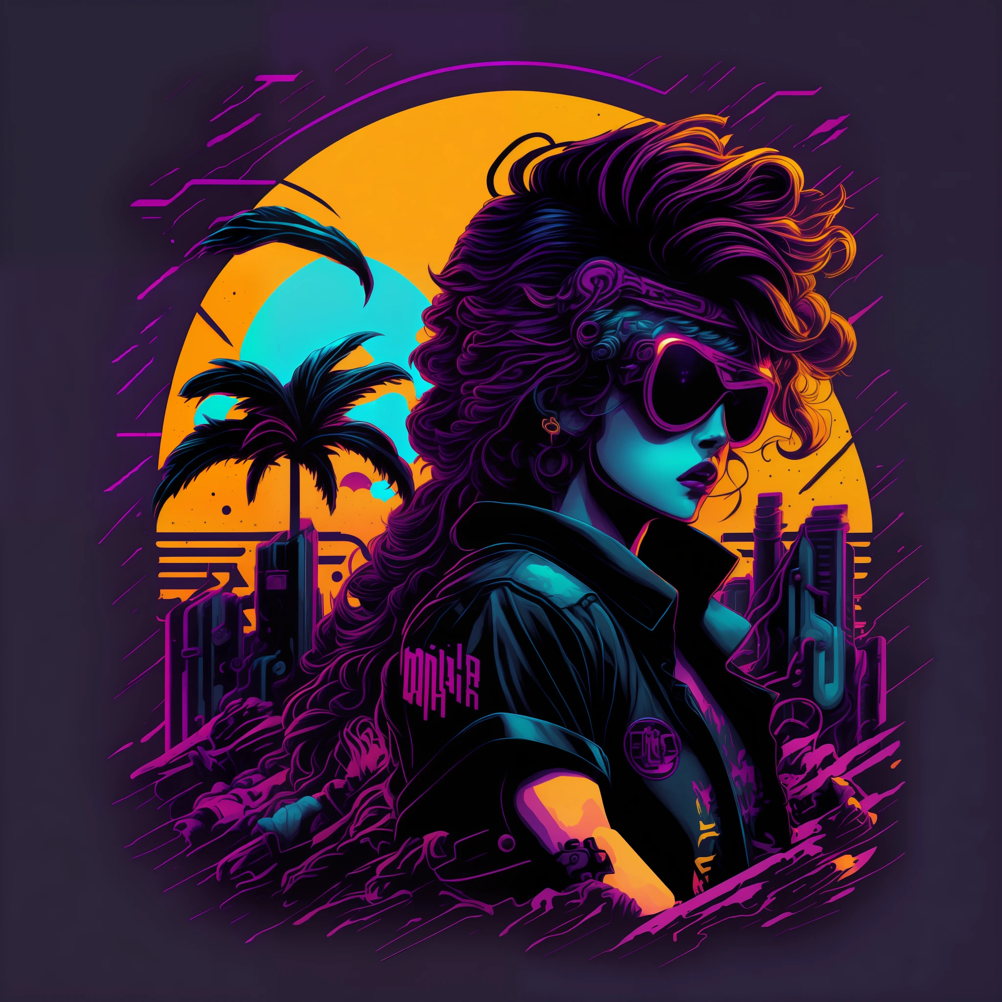 retrowave maya character design,sticker,Toma de cuerpo completo ,Anime style, Estilo Trigger Studio, Arte manga, historietas, Entintar, Arte del graffiti, graphic, neon colors, golden ratio composition, design for tshirt