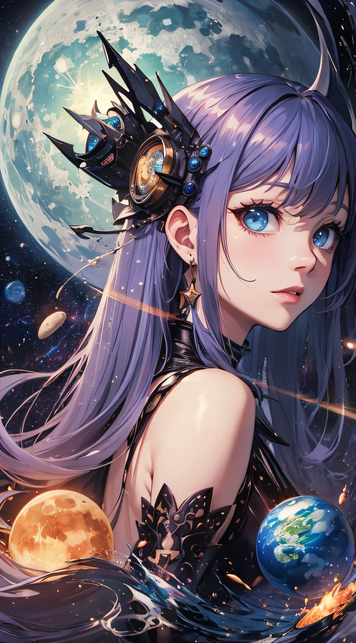 top-quality、Top image quality、​masterpiece、masutepiece、Elaborate design、visualart、high contract、The best lighting、highestdetailed、Beautiful universe、Broken Earth、spaceships、black hole、Beautiful outer space、Distorted Moon、Exploding sun、Flowing stars々、tornado、Evil Monsters、Blue flash、Red flash
