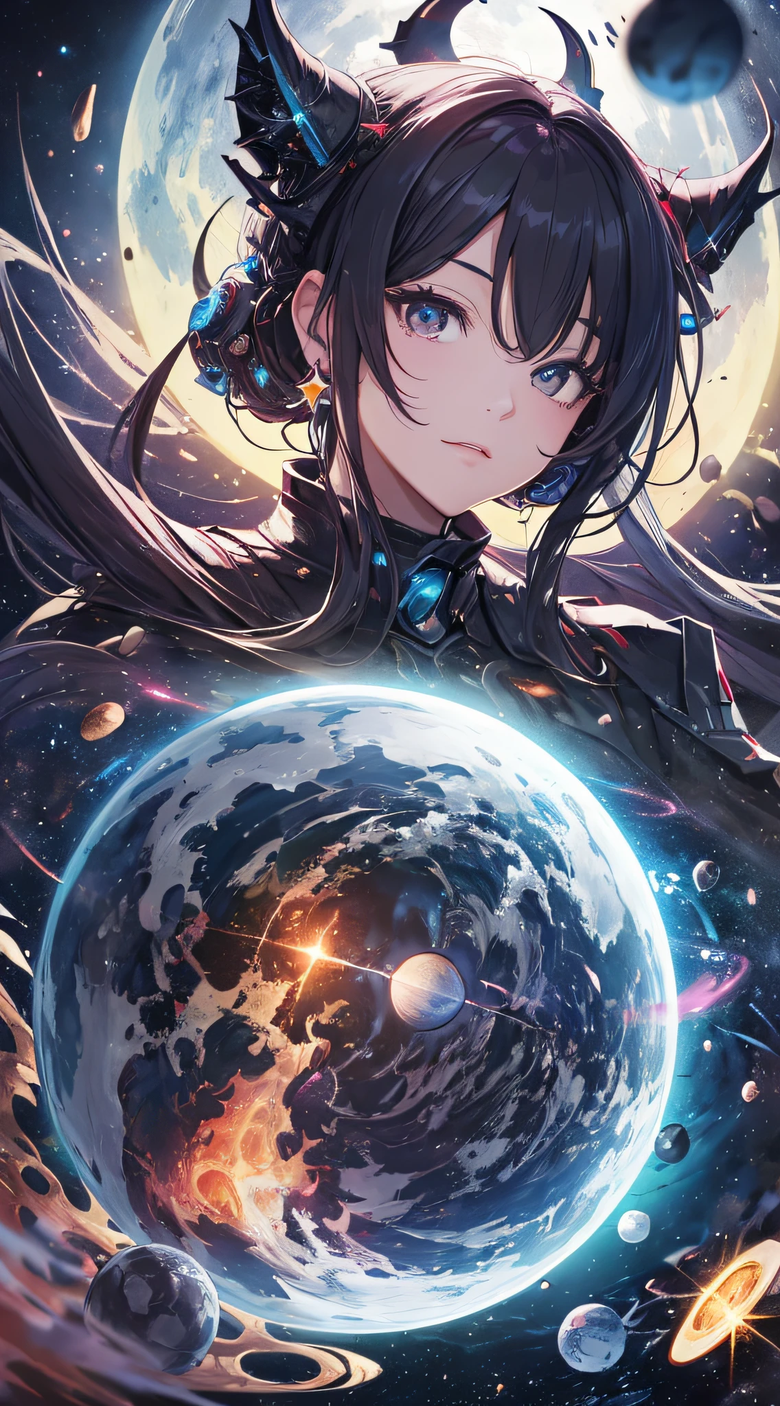 top-quality、Top image quality、masterpiece、masutepiece、Elaborate design、visualart、high contract、The best lighting、highestdetailed、Beautiful universe、Broken Earth、spaceships、black hole、Beautiful outer space、Distorted Moon、Exploding sun、Flowing stars々、tornado、Evil Monsters、Blue flash、Red flash