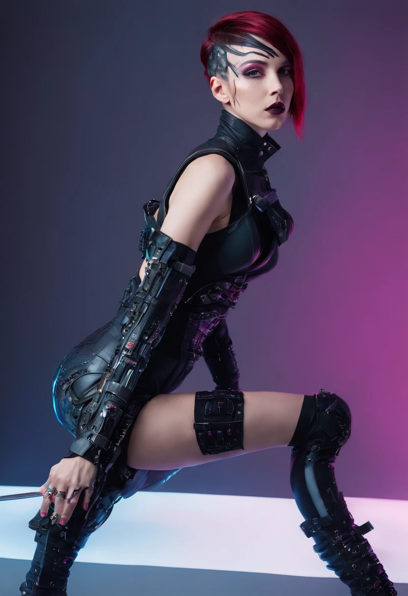Cyberpunk woman posing for a photoshoot, bizarre fashion, sexy outfit, punk fashion, thong leotard, bodysuit, sensual pose, cyberpunk style, showing her booty.
