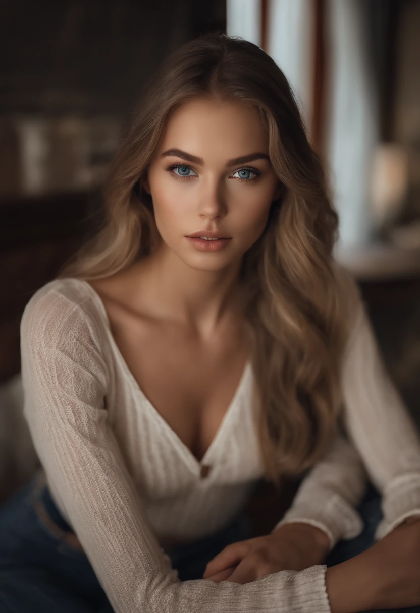 arafed woman fully , sexy girl with blue eyes, ultra realistic, meticulously detailed, portrait sophie mudd, blonde hair and large eyes, selfie of a young woman, bedroom eyes, violet myers, without makeup, natural makeup, looking directly at the camera, face with artgram, subtle makeup, stunning full body shot kneeling on bed, in bedroom, medium to large size bust