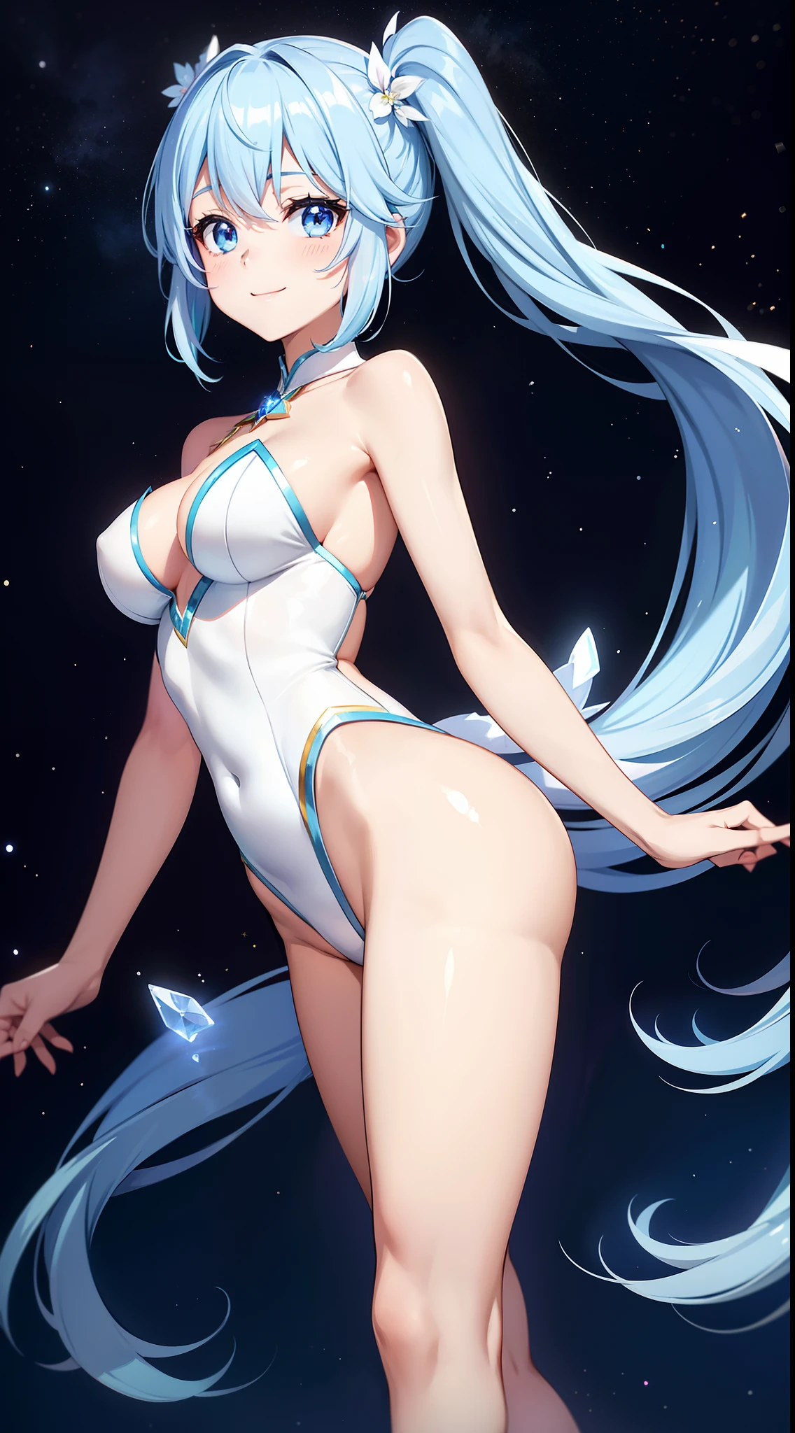 Super Idol a beauty girl A charming smile sky blue hair length hair Facing straight ahead Twin-tailed Glittering white leotard costume Mystical Fantasia constellation a moon Crystal Brilliance Aurora Borealis in the Night Sky