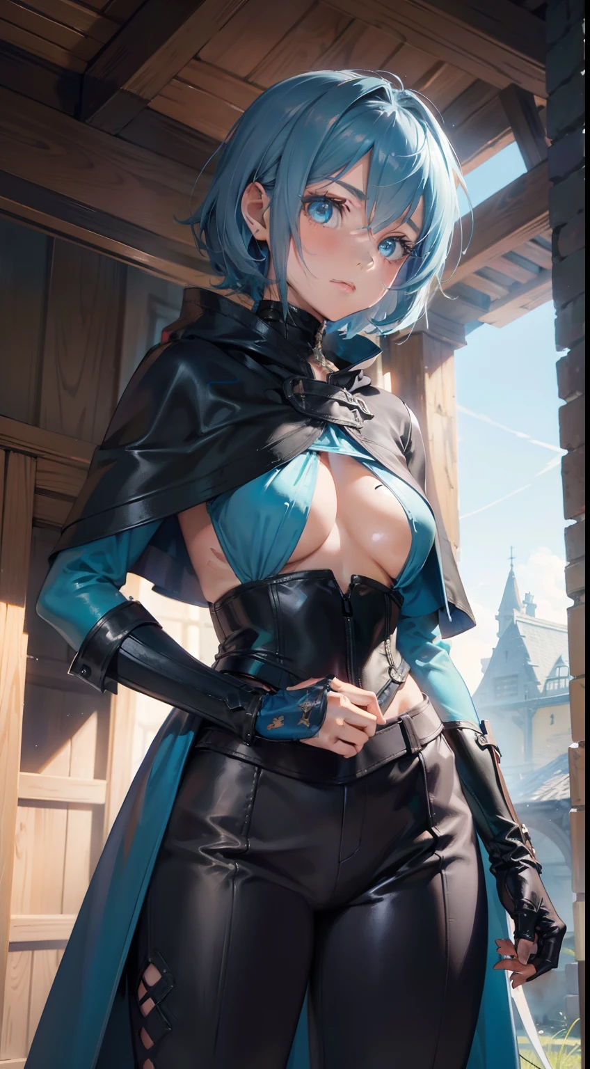young girl, short gray hair, tomboy, Cyan eyes, Scars, Tatoo, Blue leather cloak, breeches, two swords, open breasts, Masterpiece, hiquality, 4k, HD, Good detail