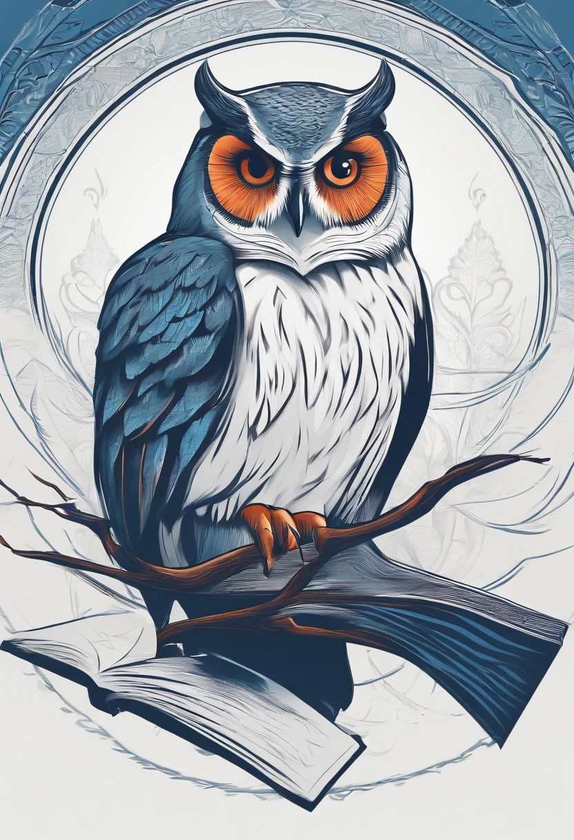 Logo, Few details, minimalism, Round shape, Owl with a book with little detail, vector image, graphics, Smooth Lines, rot, blau, A white.