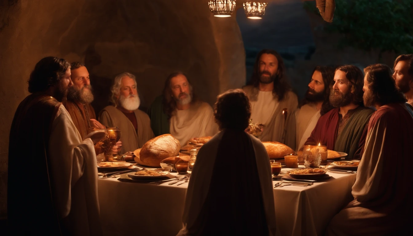Similar Images of the Lord Jesus Christ, Dine with the Apostles in St.. say,、(((evening)))、Crack bread in high resolution in 8K