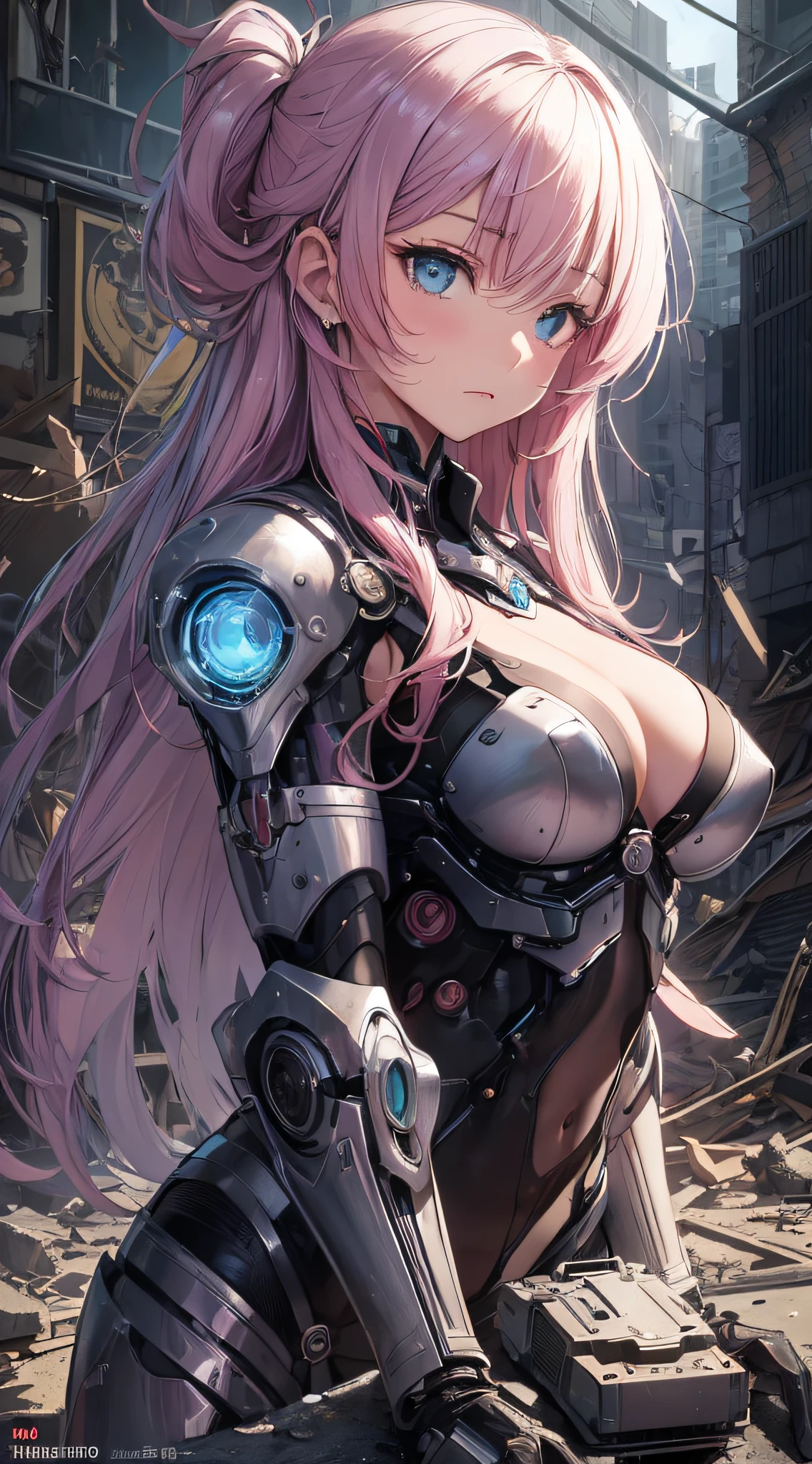 top-quality、Top image quality、​masterpiece、girl with((18year old、cyborgs、System Dynamics、Metallic body、Best Bust、Medium bust、Long pink hair、Light blue eyes、deadpan、Breasts wide open、Picking up machine parts by hand、sad Facial expression、crouching down)）hiquality、Beautiful Art、Background with(A desert、Collapsed buildings、natta)),masutepiece、Elaborate design、visualart、depth of fields、The best lighting、highestdetailed、low angles