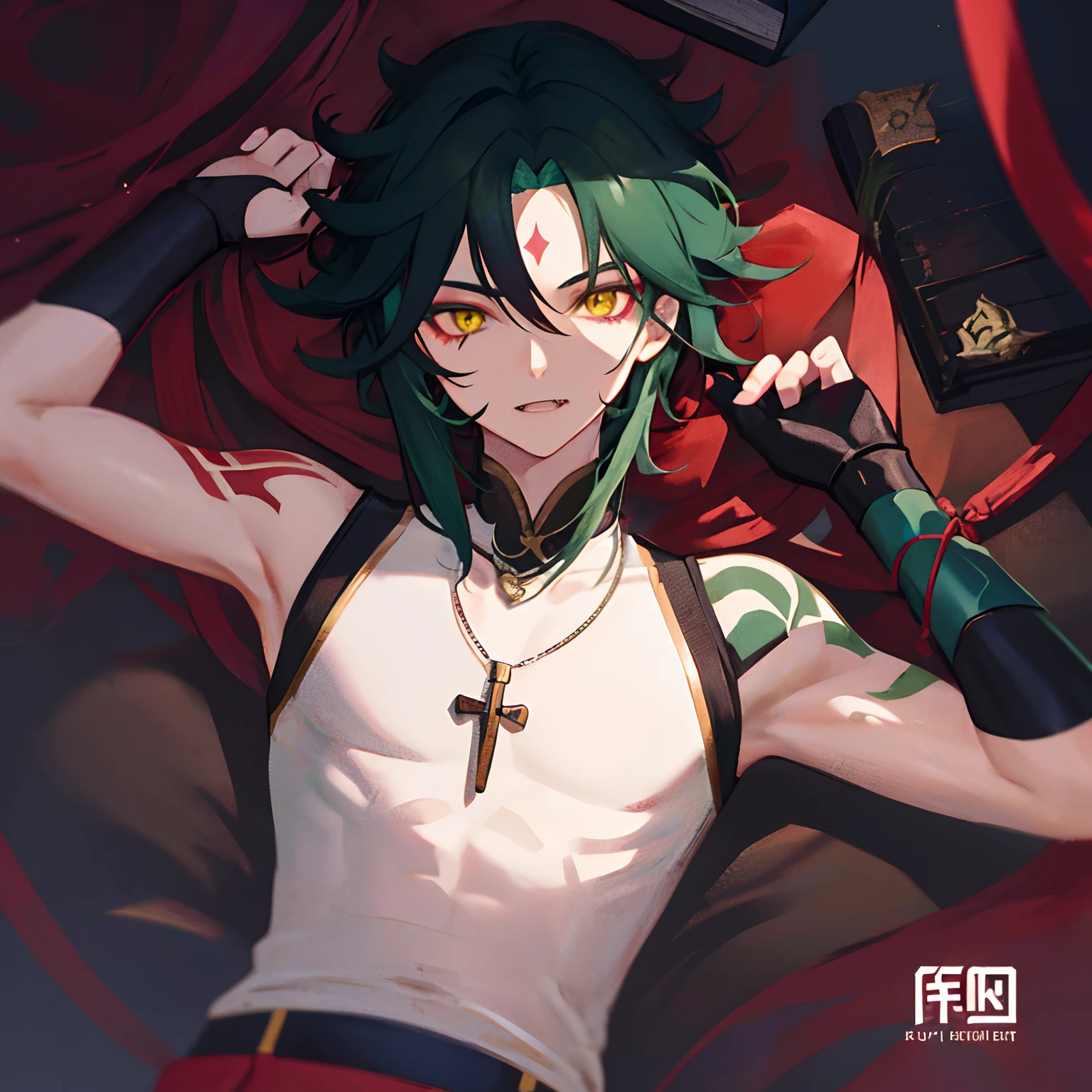 1boy,dark green hair,best quality,masterpiece,extremley,yellow eyes,male focus,beautiful eyes,Xiao (genshin impact), 1 boy, bones necklace, animal fangs necklace, arm tatoo, dark red hair, Chinese clothes, green eyes, male focus, red mark on forehead, no shirt, a red string runs from the shoulder to the chest,look at you with half an eye, smirked, put his hand to his mouth to signal silence, glove, stare at you, looking straight, make ''be quiet" signal, cover mouth by finger, looking at you, inside, red rope cover nipples, red rope cross breast