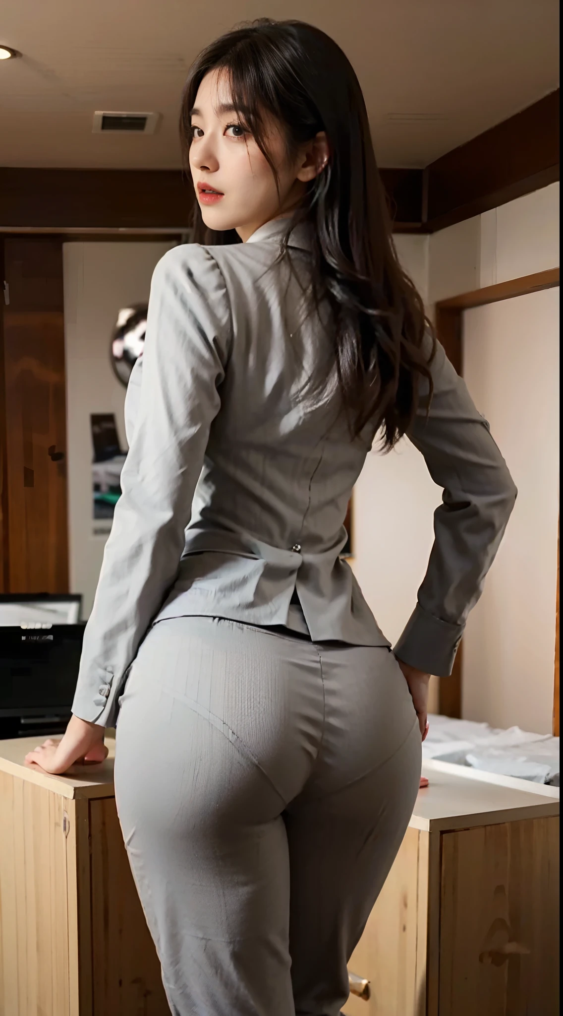 (Best quality, 8k, 32k, Masterpiece, UHD:1.2), 1girl, pretty Japanese, narrow waist, grey suit, office lady, suit, pants, from behind, office room, desk,  stick out her buttocks, big ass, (panty line, from behind, tight pants), (looking_at_viewer)