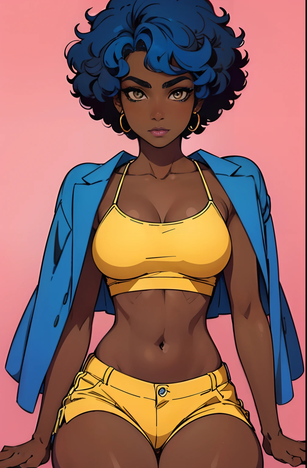 (best quality:1.1),original,1girl,chic,trendy,short afro hair, dark skin, makeup, 1970's, blue hair, brown eyes, anime style, niji