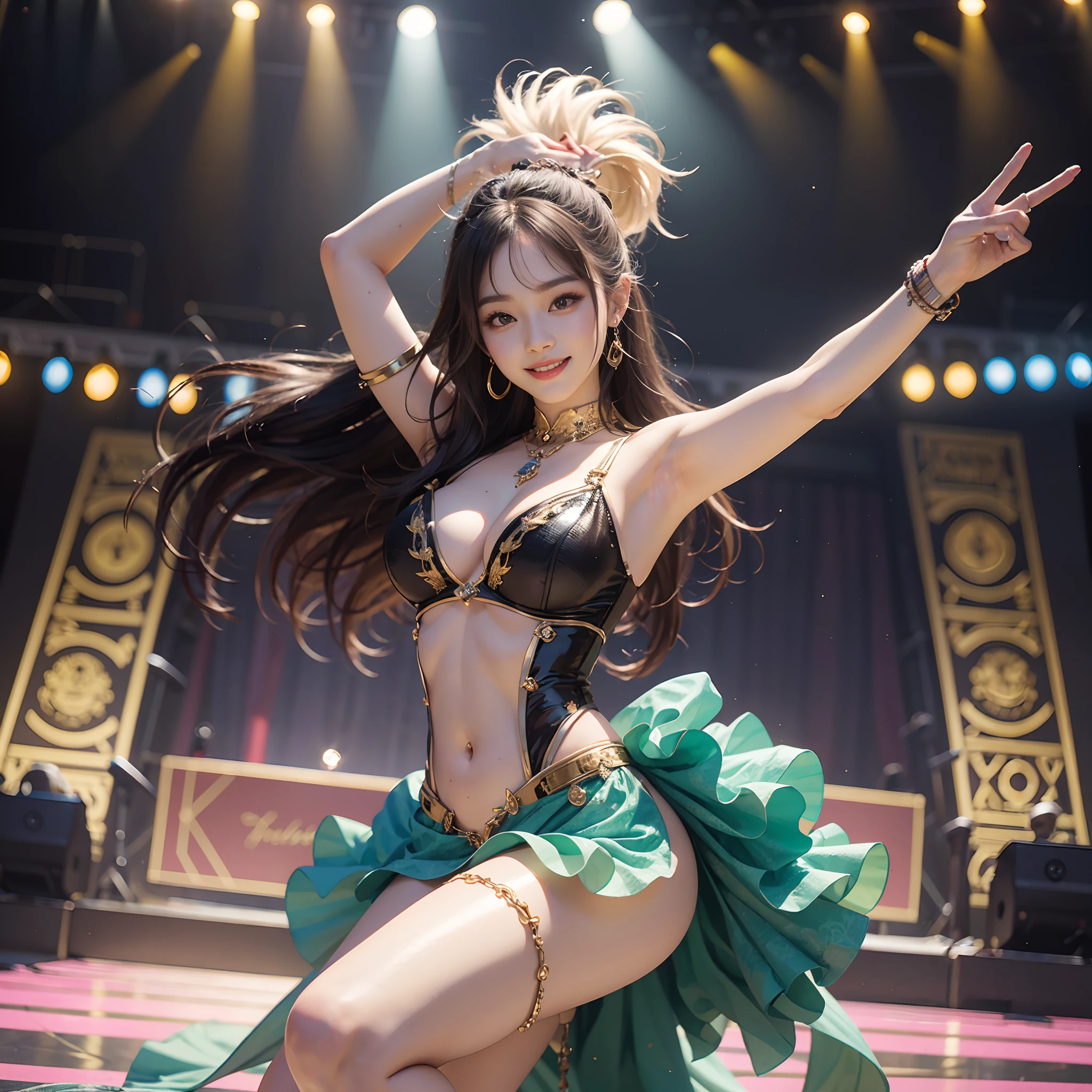 8k, highest quality, high resolution, realistic, real person, live stage with a large audience, one girl, young and cute korean idol, ((KARA)), big, long and beautiful legs, dancing violently in various poses while smiling on stage, holding microphone in hand, revealing gorgeous costume, beautiful light up