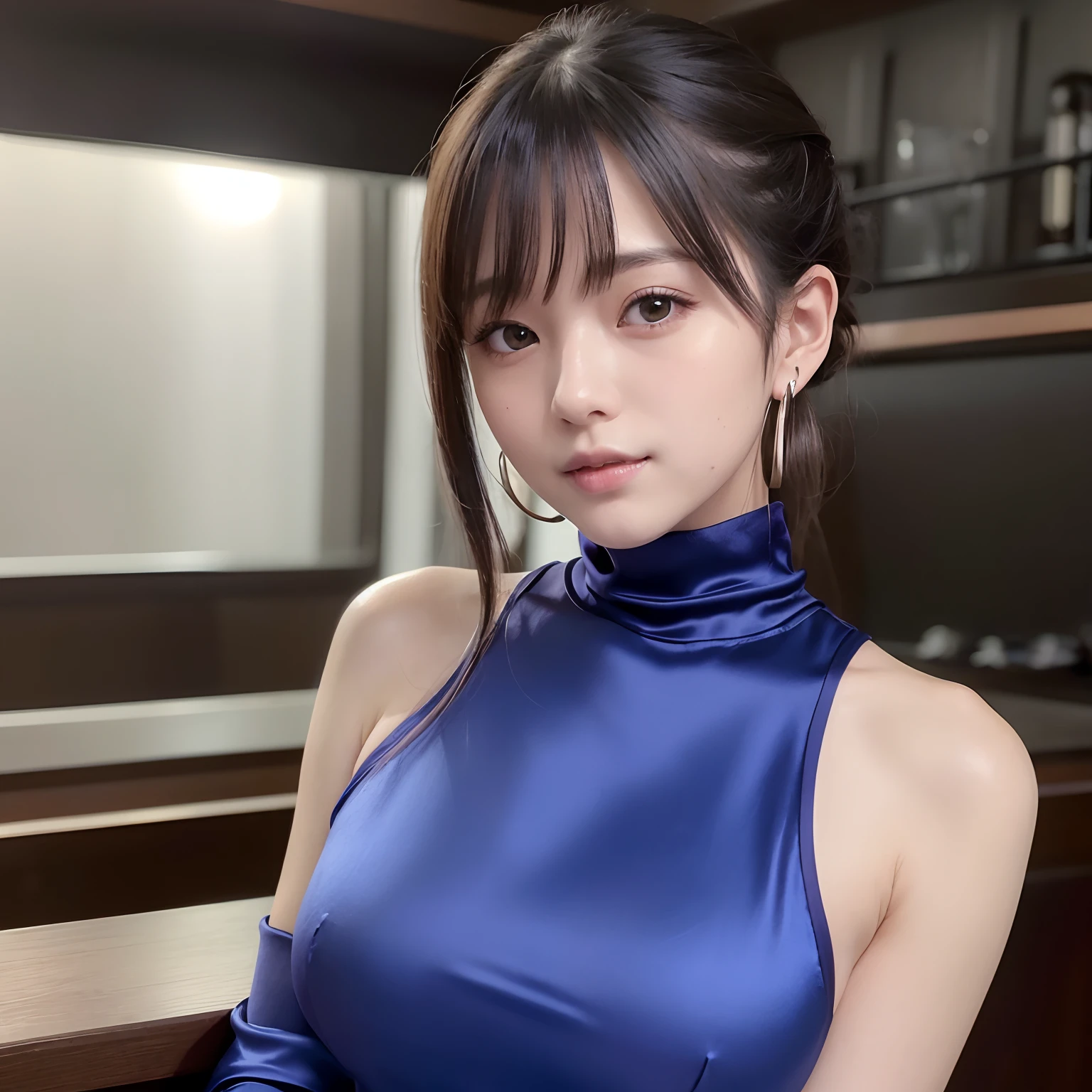 A woman in a blue dress sitting at a table - SeaArt AI