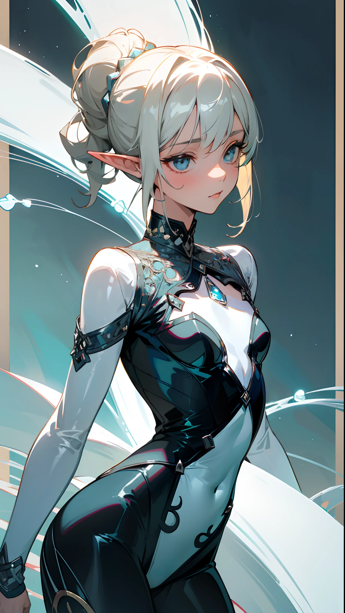 (masterpiece, best quality:1.3),beautiful detailed glow,best illuminate,(((best quality,textile shading,ultra detailed))),extremely detailed CG unity 8k wallpaper,Highly Detailed beautiful and aesthetic,best light,high resolution,detailed,dynamic lighting , 1Character , pastel washed out colors , cell shade , soft, muted shades ,gentle colors ,
She wears a form-fitting, midnight black bodysuit with intricate lace patterns resembling ocean waves, The bodysuit features a deep, plunging neckline and long, sheer sleeves with silver beadwork, a flowing, translucent, aqua-blue skirt with an uneven hem, The skirt is adorned with silvery seashell-shaped sequins that shimmer, She wears a silver choker with a moonstone pendant t, Her wrists are adorned with silver bangles,
Mature woman woman , light skin , silver eyes , blonde hair , elf ears , small chest , hair in an up-do style , smaller more mature eyes , age 26