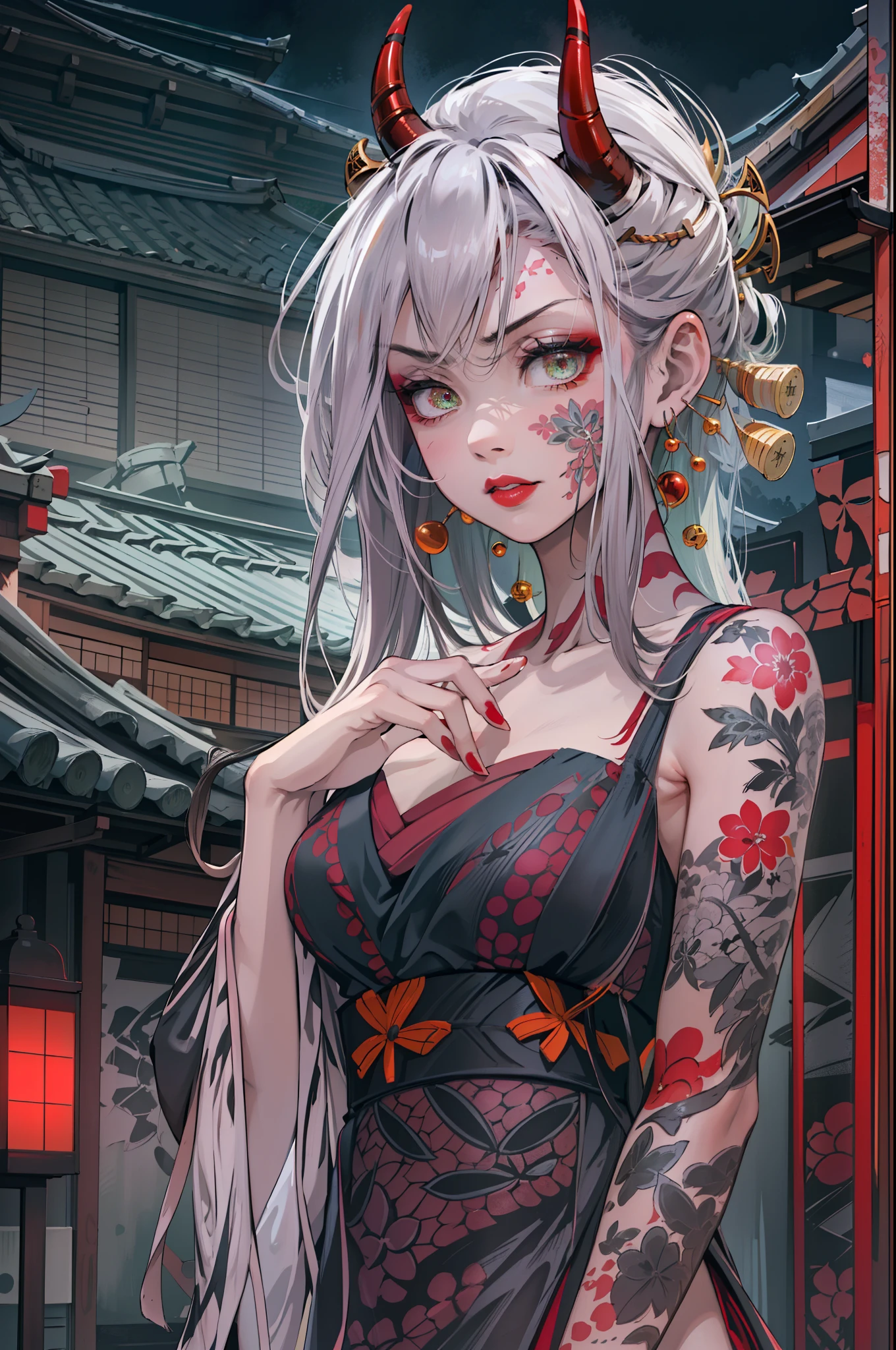 masterpiece, best quality, highly detailed beautiful face and eye, (1girl, solo, DakiV4), 20years old, full body, naked bandage, silver hair, red demon horns, light green eyes, red lips, floral tattoo on face, (old Japanese style house, standing on the street), (night sky, full moon)