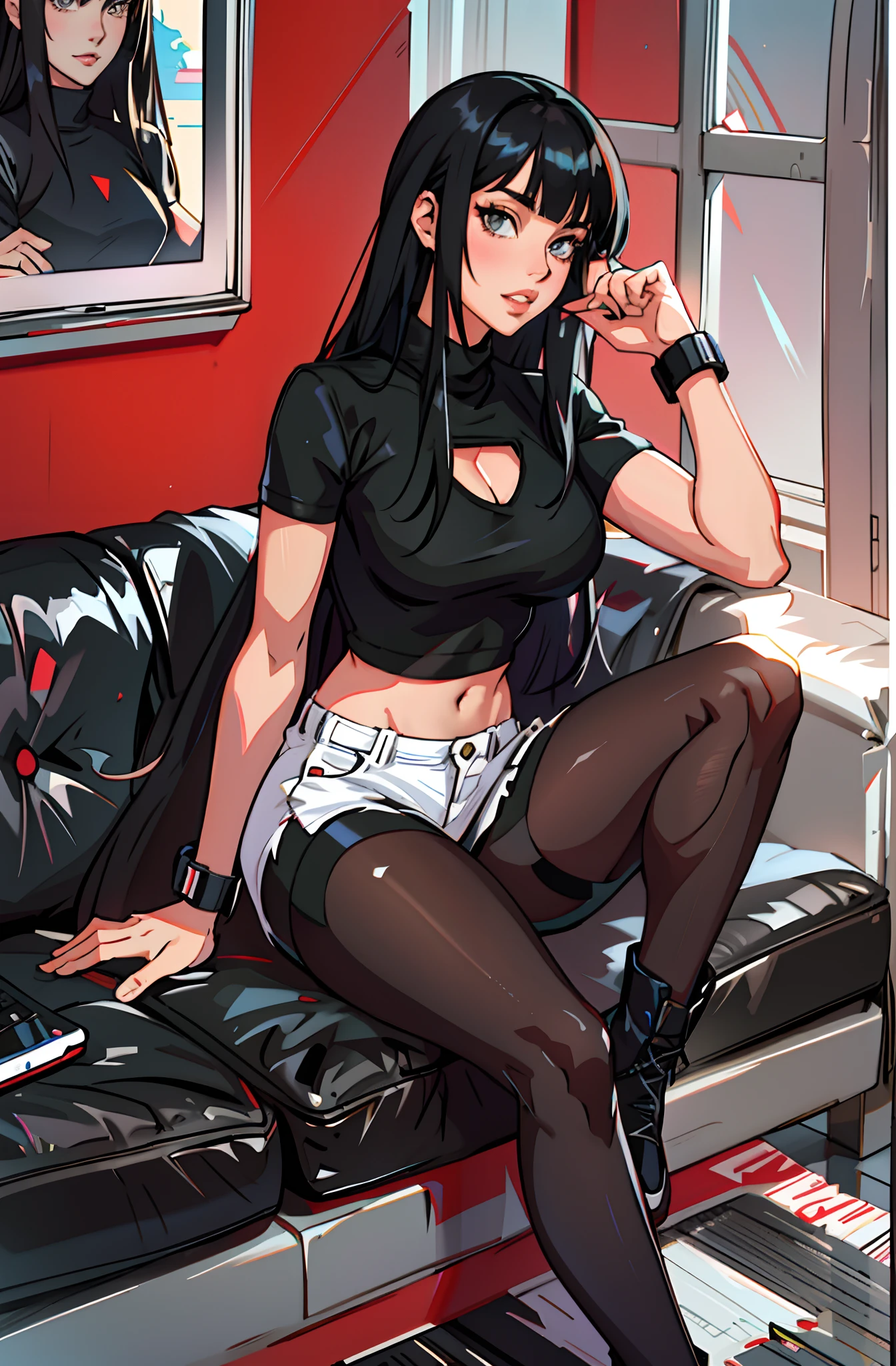A handsome girl, mouth half open, hair is long, long hair with bangs, wearing a black sweatshirt, and holding a mobile phone in his hand, cell phone call, anime girl seductive anime girl, beautiful alluring anime woman, extremely detailed artgerm, commission for high res