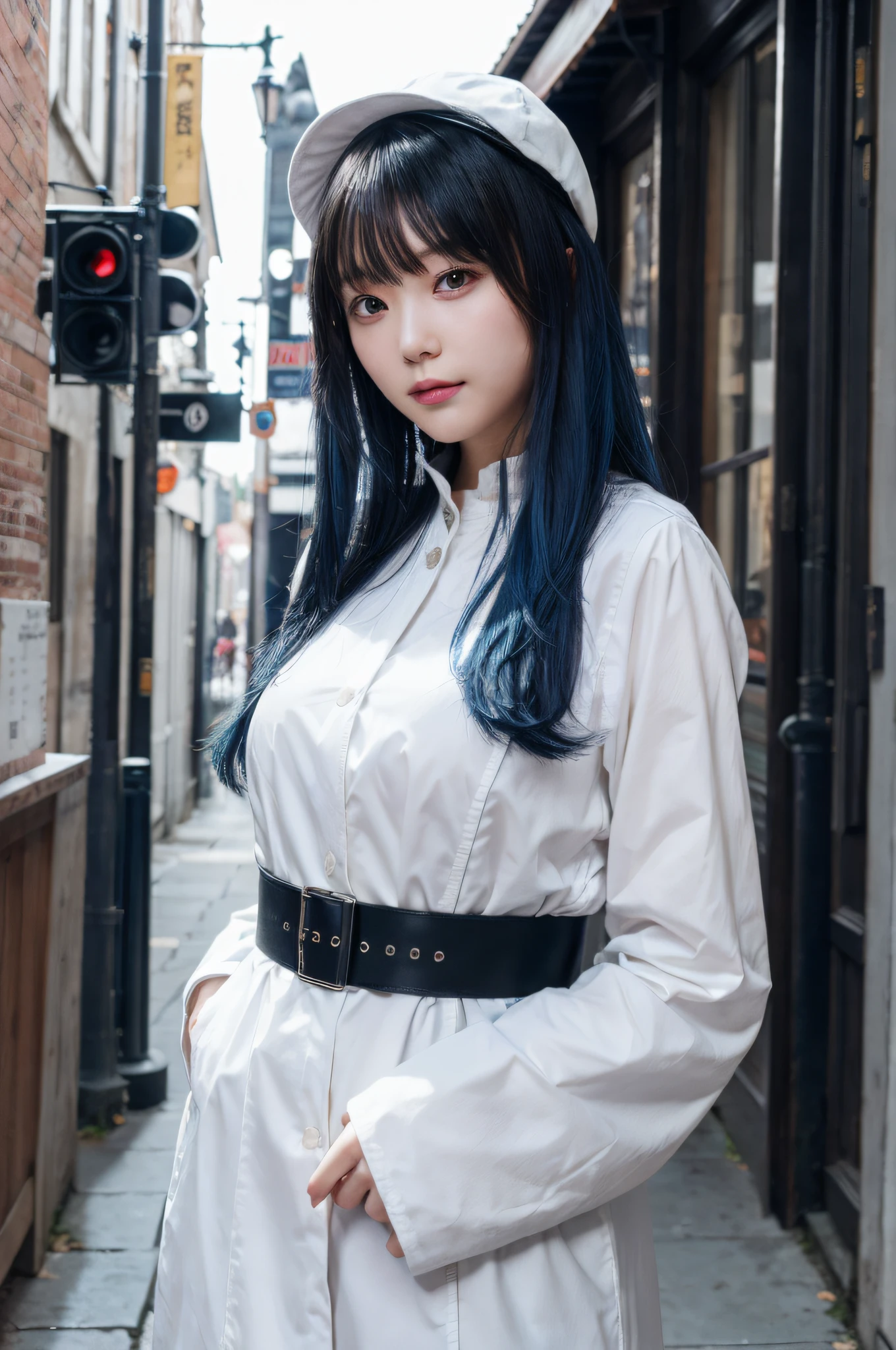 ((masutepiece)), ((Best Quality)), (Ultra-detailed), ((Extremely detailed)), 4K, (8K), Best Quality, (Beautiful), city, backstreet, Winters, Cute little girl s, 1girl in, Solo, Rider Suit, The costume, Beautiful blue hair 0, ((Beautiful eyes)), large full breasts,