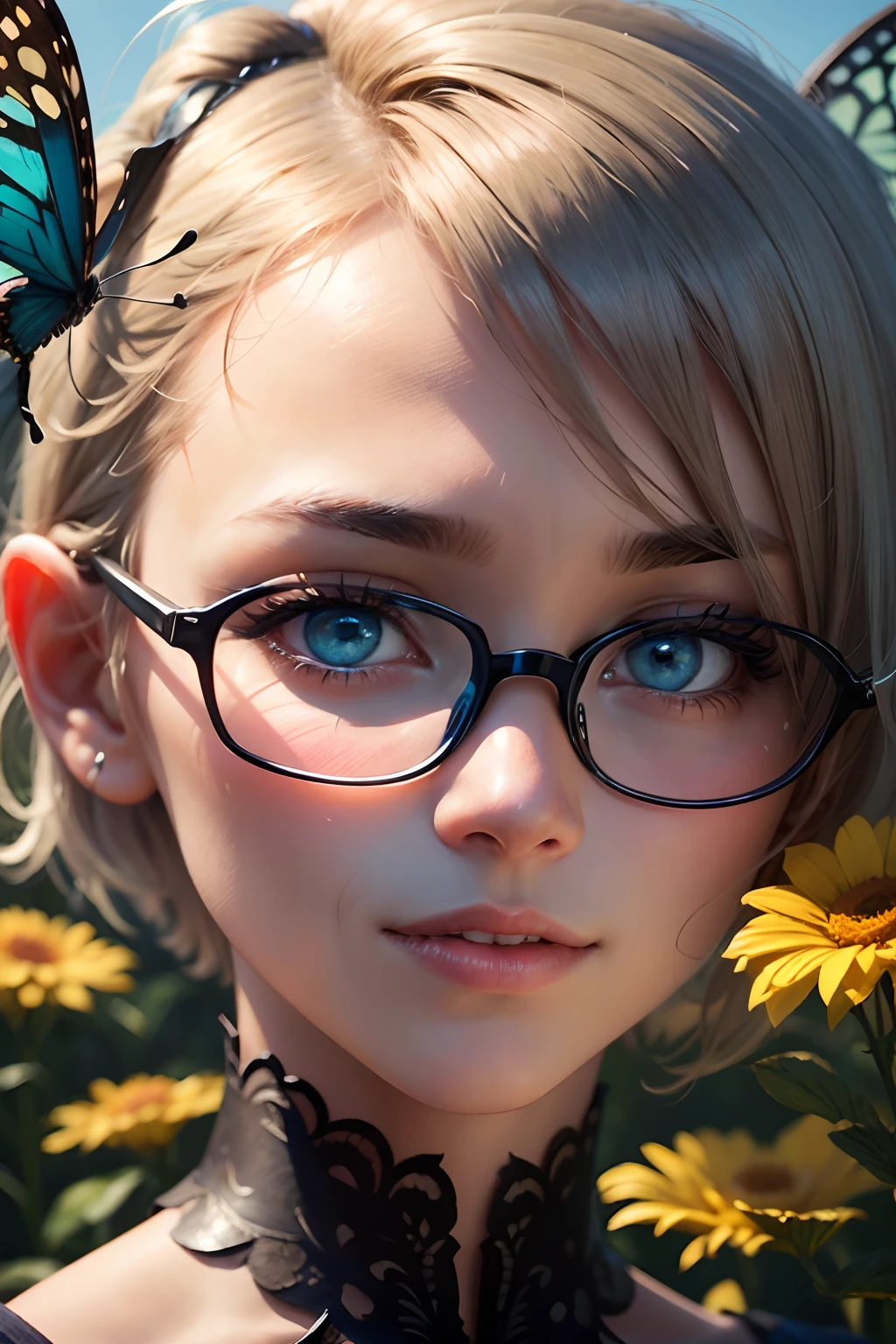 (highres, high lighting, 4k), blue rimmed glasses, long face, 1girl, face, detailed face, blue eye, garden, very short hair, she has a butterfly on her head, close up face, sun in mid day, smile, :), looking at viewer, close - up intensity, blue dress, eyes half closed, --auto