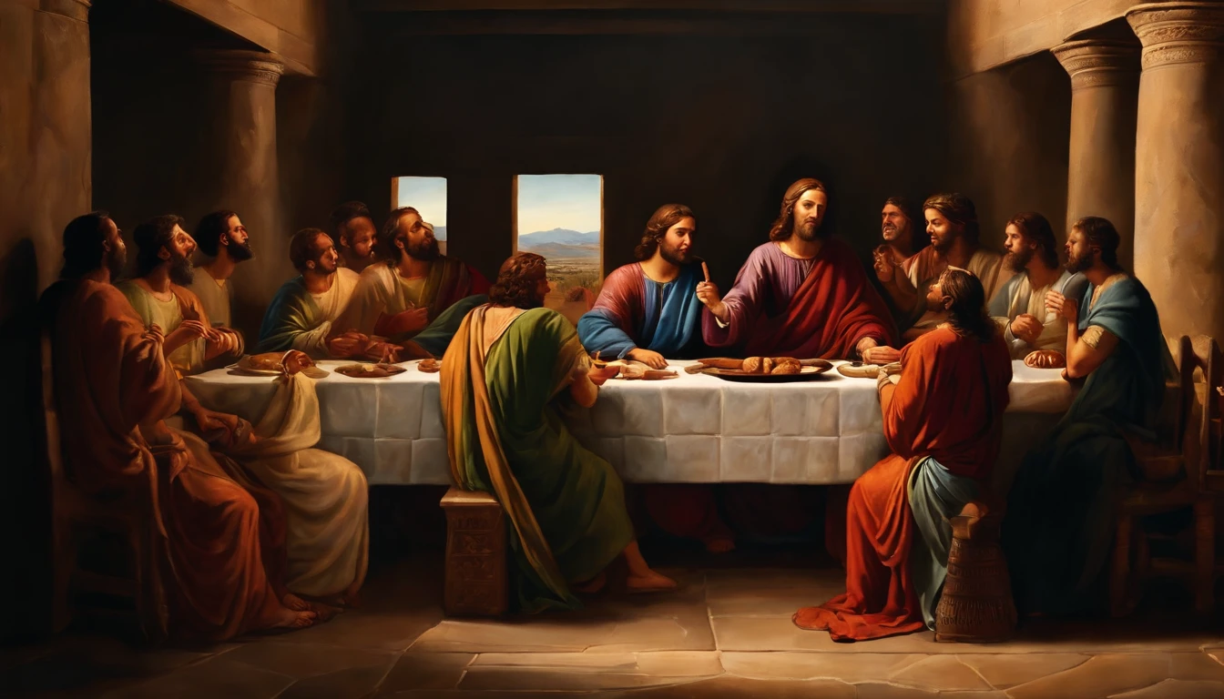 Ancient Israel、1st century、the last supper、Wine、Similar Images of the Lord Jesus Christ, Dine with the Apostles in St... say,、(((evening)))、Crack bread in high resolution in 8K