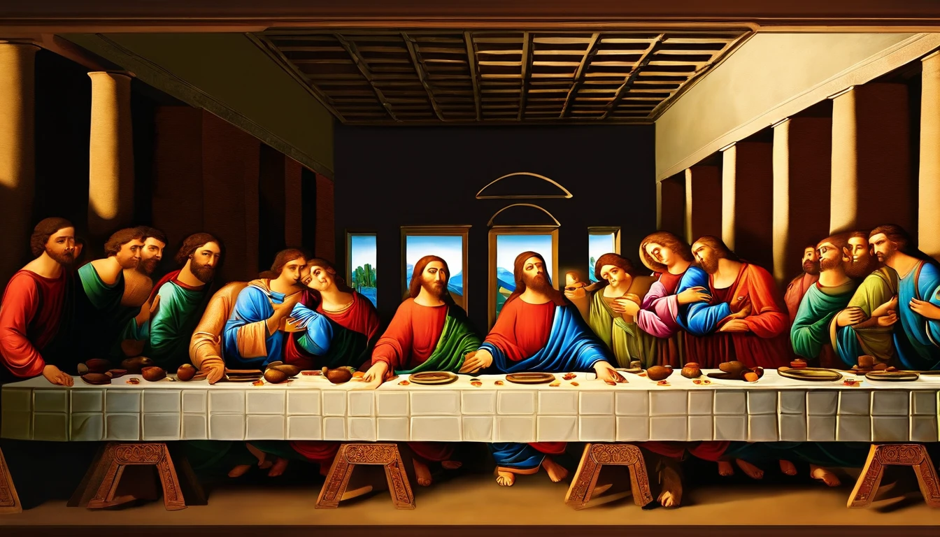 Ancient Israel、1st century、the last supper、Wine、Similar Images of the Lord Jesus Christ, Dine with the Apostles in St... say,、(((evening)))、Crack bread in high resolution in 8K