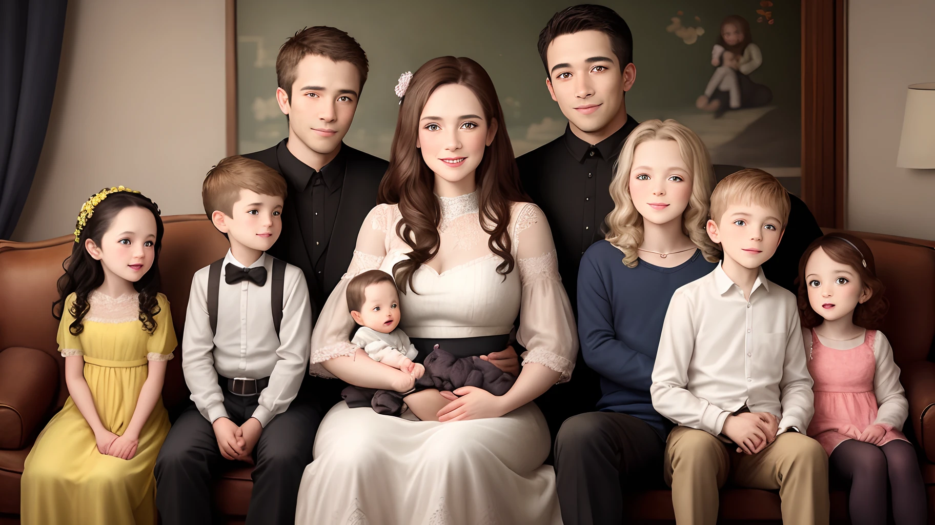 A couple with their 5  children，Family portrait of four women and one man