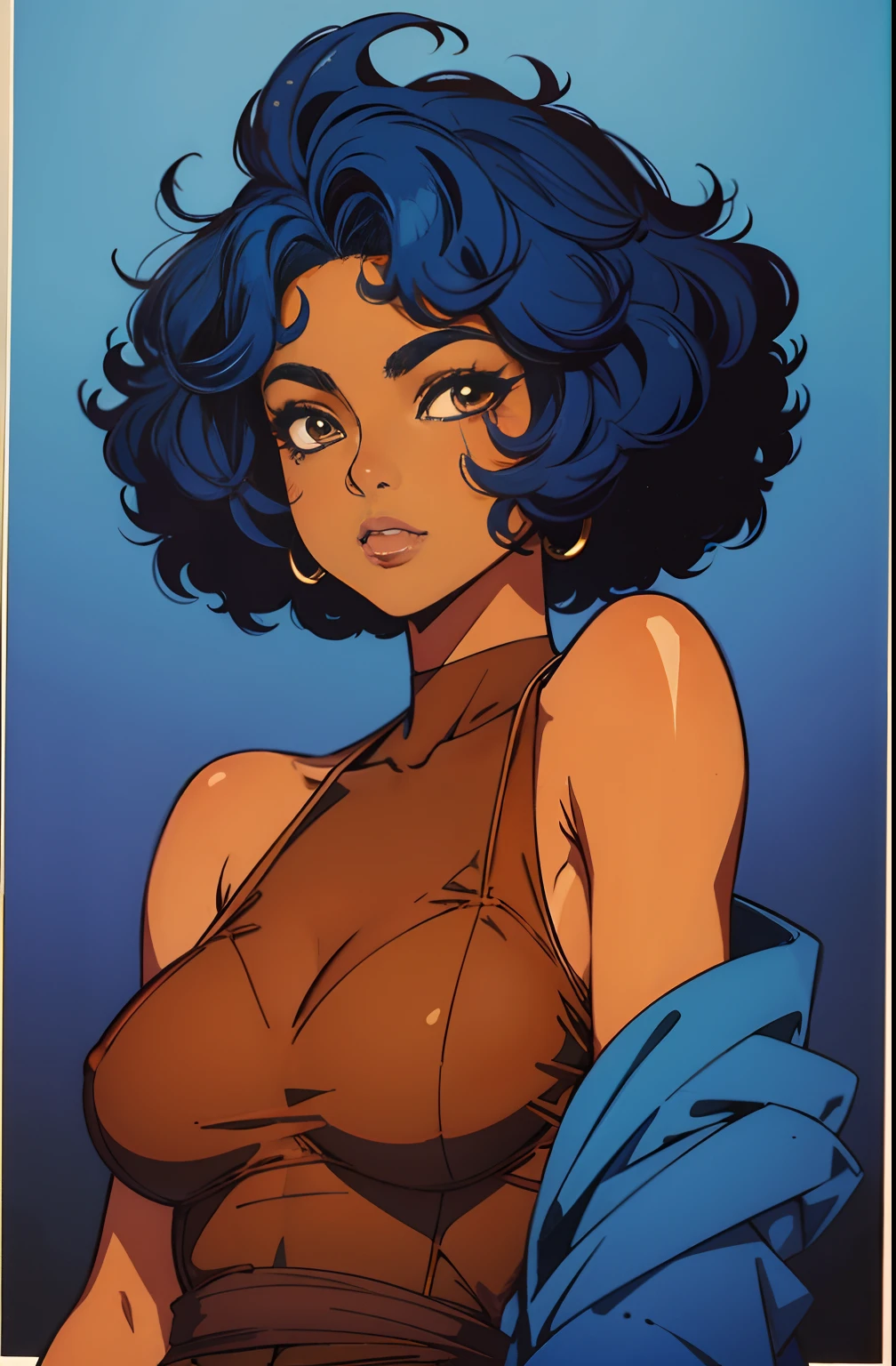 (best quality:1.1),original,1girl,chic,trendy,short afro hair, dark skin, makeup, 1970's, blue hair, brown eyes, anime style, niji
