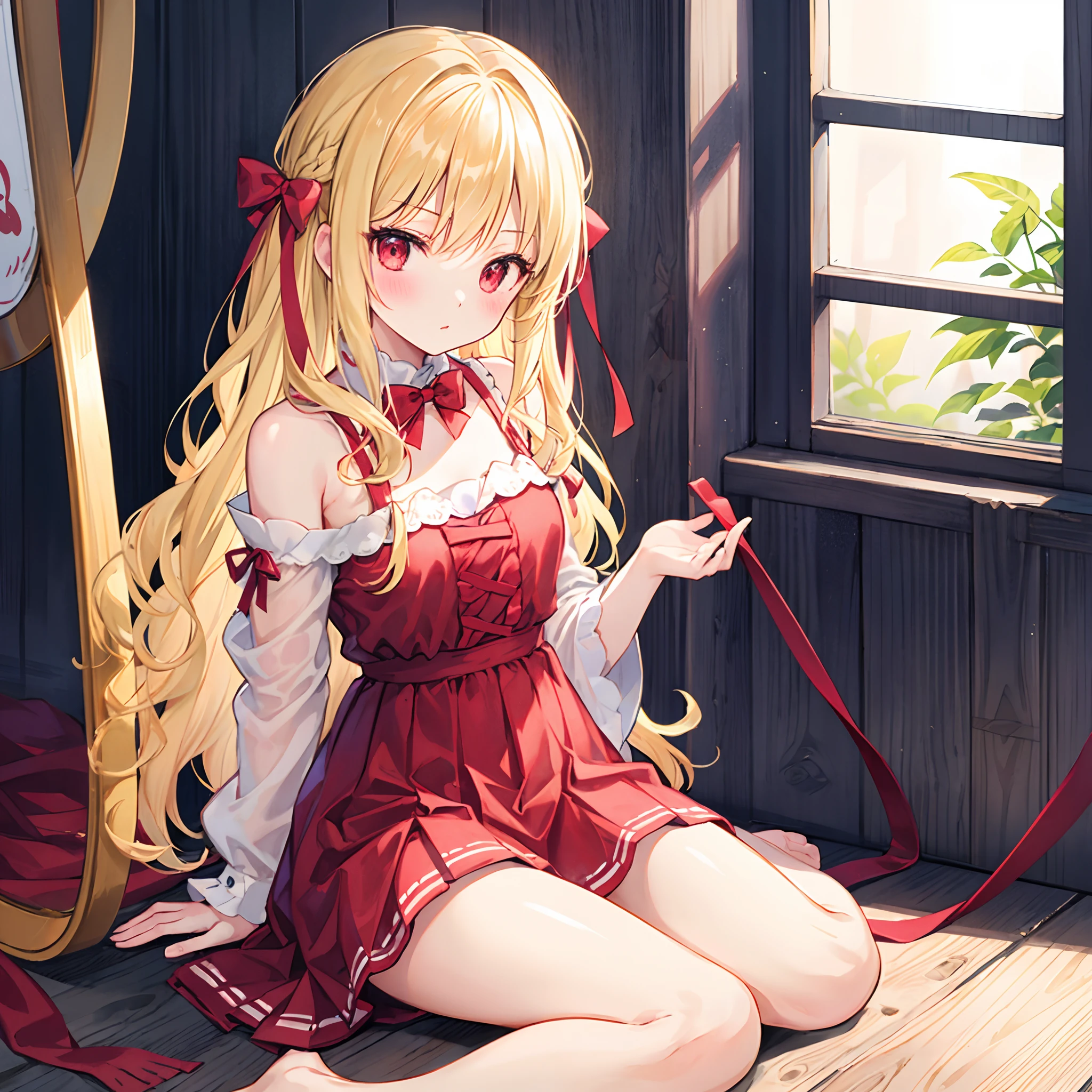 Upper body naked alice from alice in wonder land Sitting on a chair, cute underwear with frill decorations opening legs pick up the skirt leg ruffle band toppless