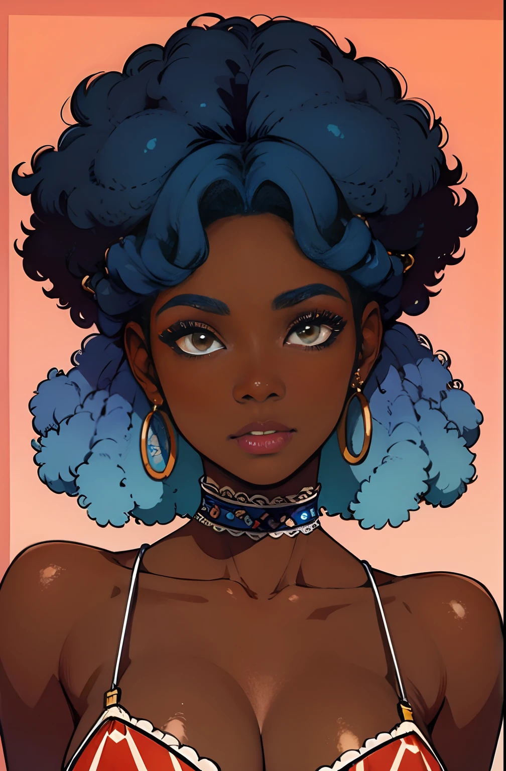(best quality:1.1),original,1girl,chic,trendy,afro,dark skin,makeup,1970's, blue hair, brown eyes