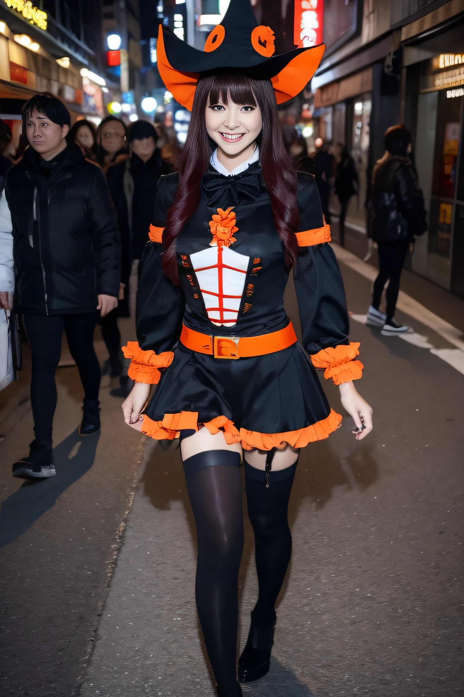 One woman is walking the streets of Shibuya in Halloween cosplay　Looking at the camera and smiling