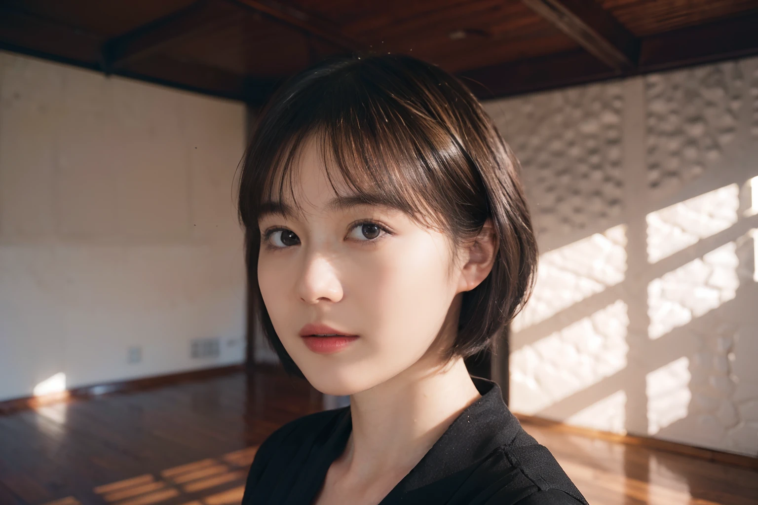 21
(Shorthair:1.3), (a 20 yo woman), (A hyper-realistic), (masutepiece), (8KUHD), Focus on the face, (The walls of the room are fractal design:1.23)